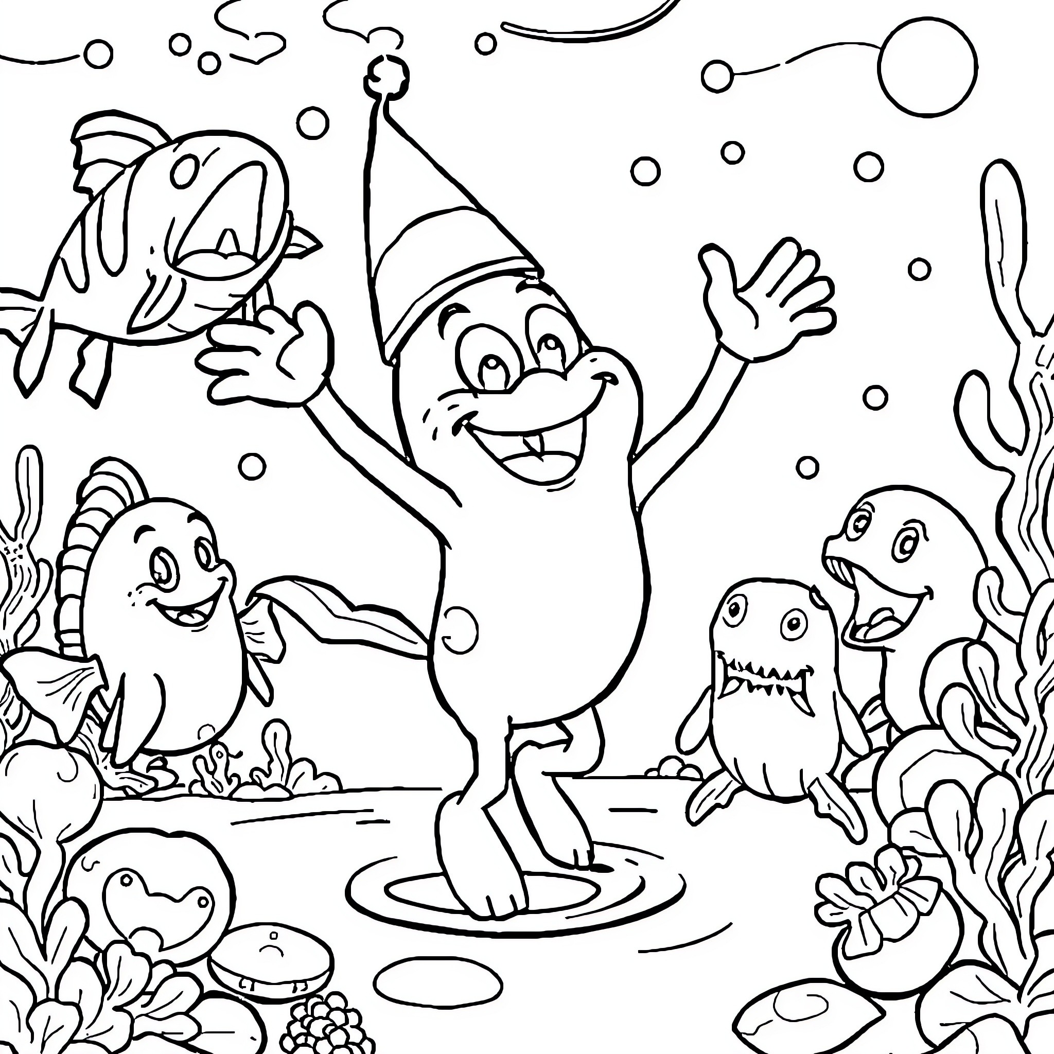 Spongebob and friends having fun underwater Coloring Page (free black-and-white line drawing printable PDF for all, from beginners to advanced learners, including children, teens, adults, and seniors)