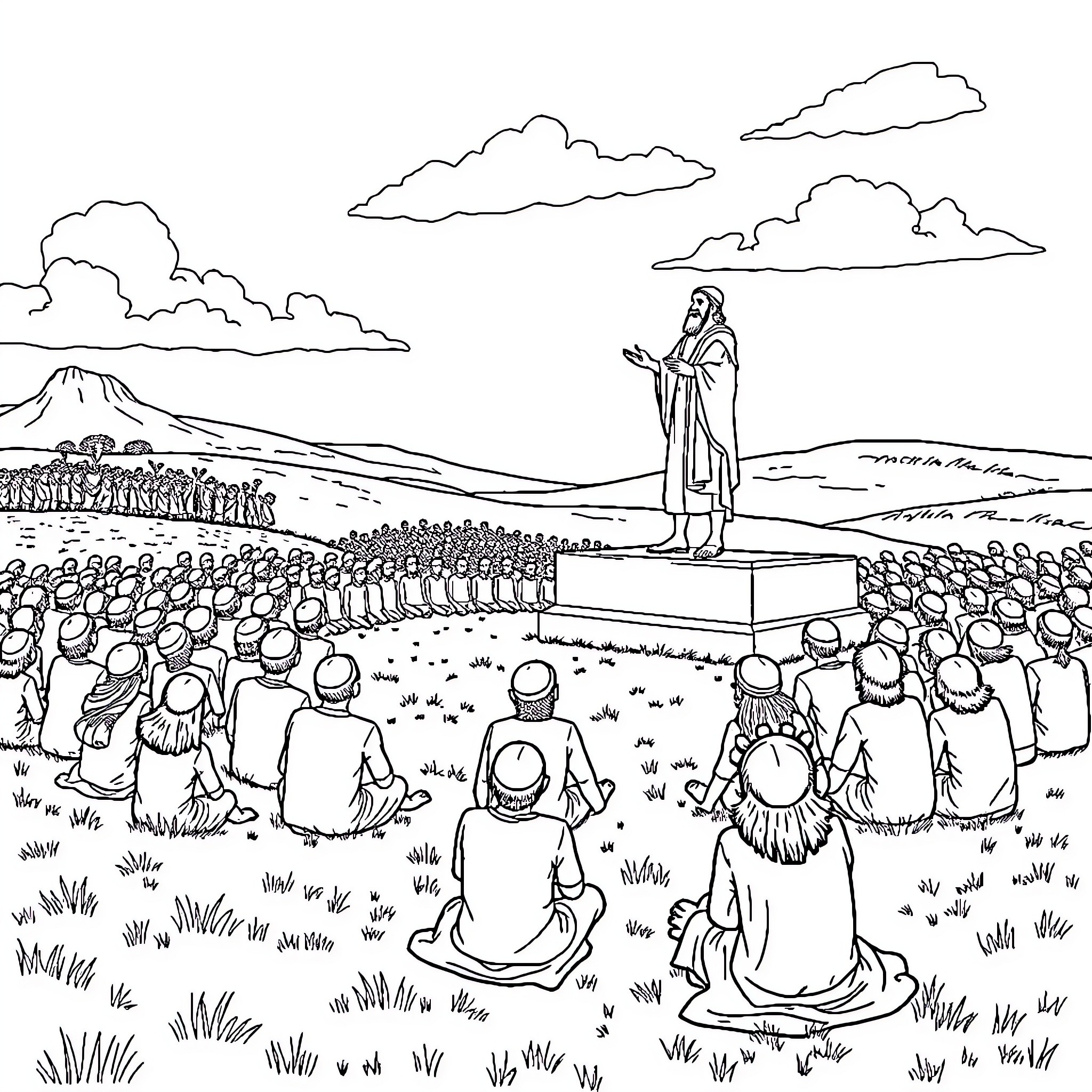 Rabbi addressing a large congregation in the countryside Coloring Page (free black-and-white line drawing printable PDF for all, from beginners to advanced learners, including children, teens, adults, and seniors)