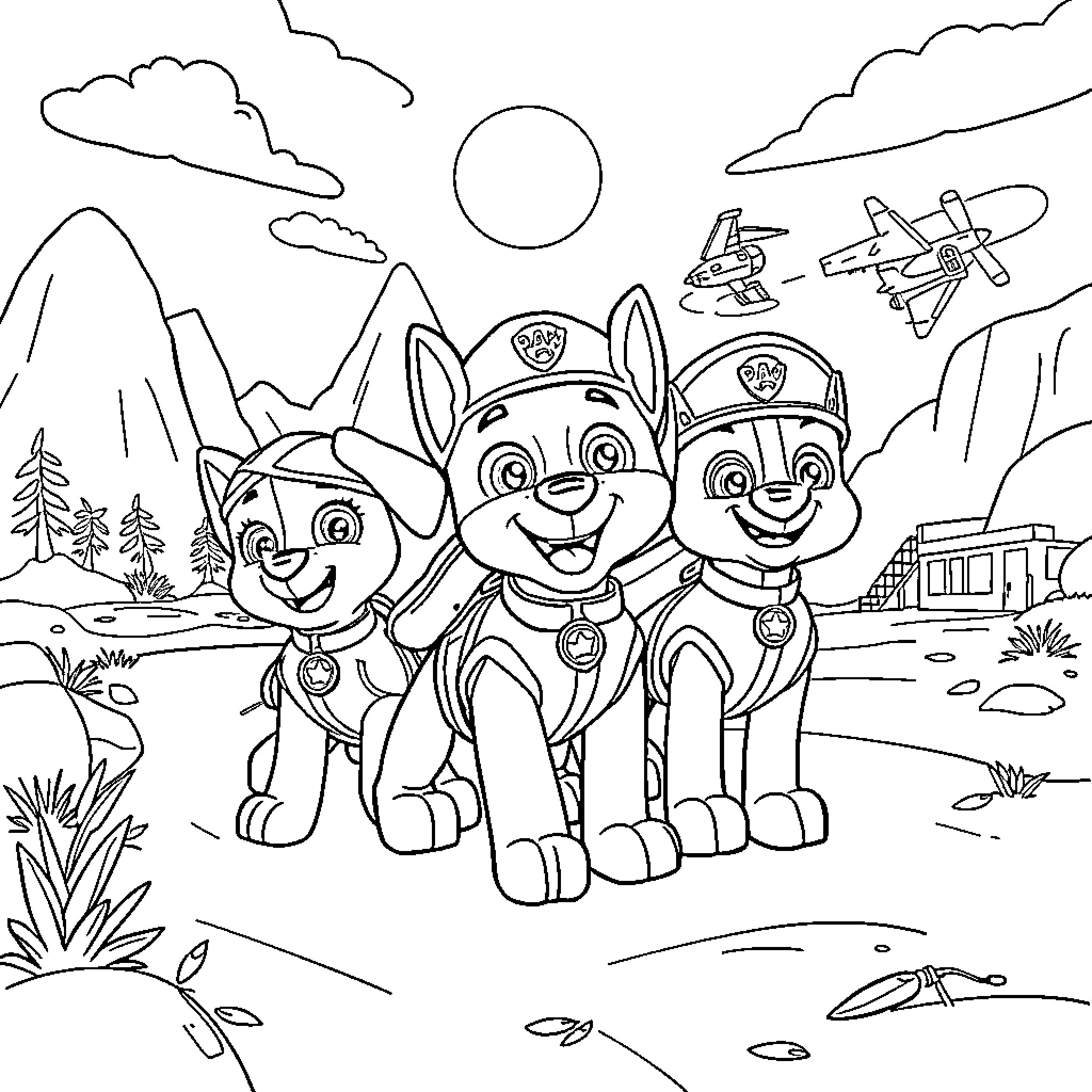 Paw Patrol pups on patrol in the mountain landscape Coloring Page (free black-and-white line drawing printable PDF for all, from beginners to advanced learners, including children, teens, adults, and seniors)