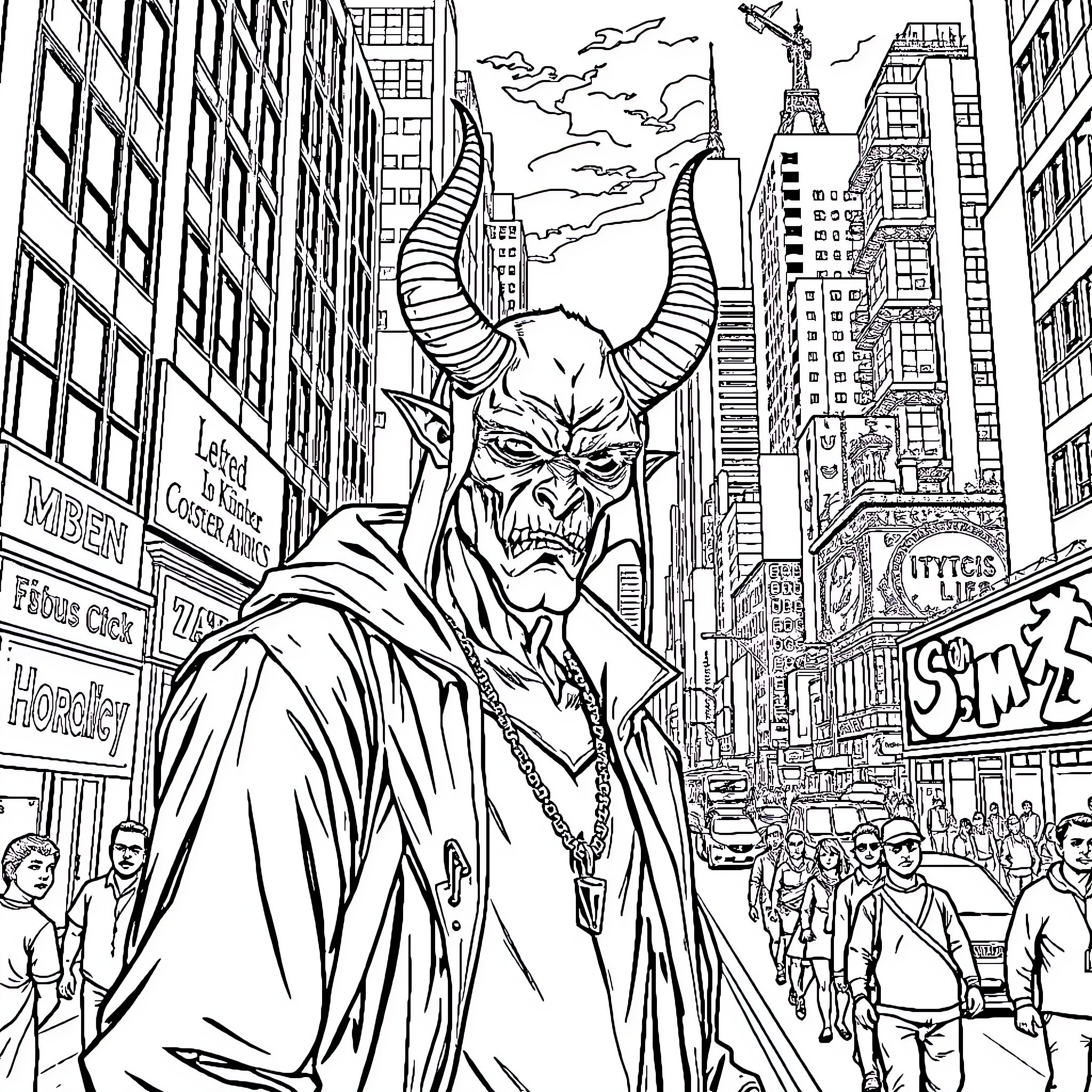 Demon Overlord Dominates the City Streets Coloring Page (free black-and-white line drawing printable PDF for all, from beginners to advanced learners, including children, teens, adults, and seniors)