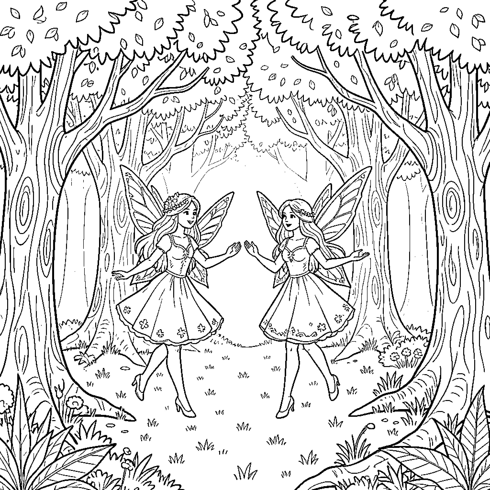 Fairy friends dancing joyfully in a magical forest Coloring Page (free black-and-white line drawing printable PDF for all, from beginners to advanced learners, including children, teens, adults, and seniors)