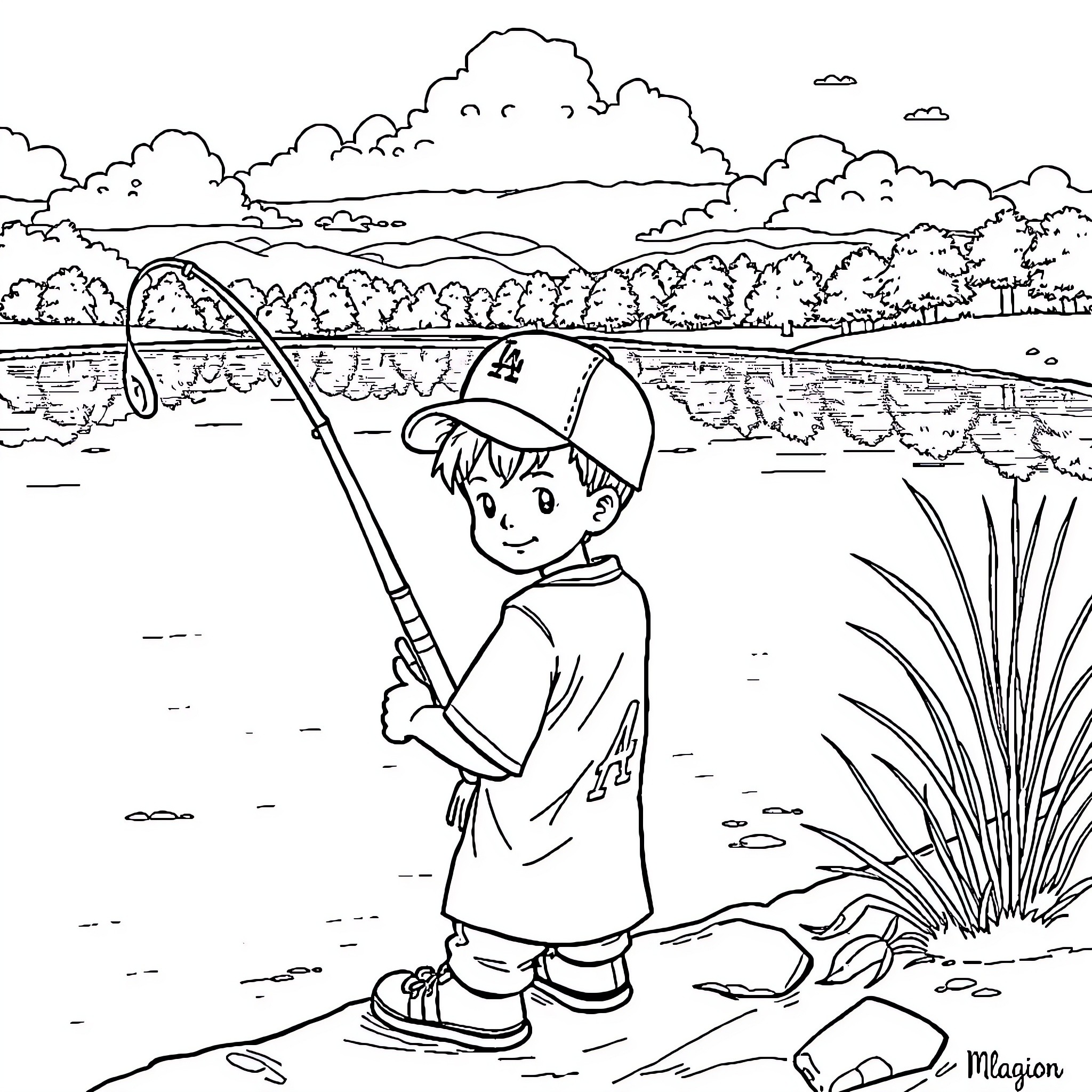 Boy fishing by the lake on a cloudy day Coloring Page (free black-and-white line drawing printable PDF for all, from beginners to advanced learners, including children, teens, adults, and seniors)