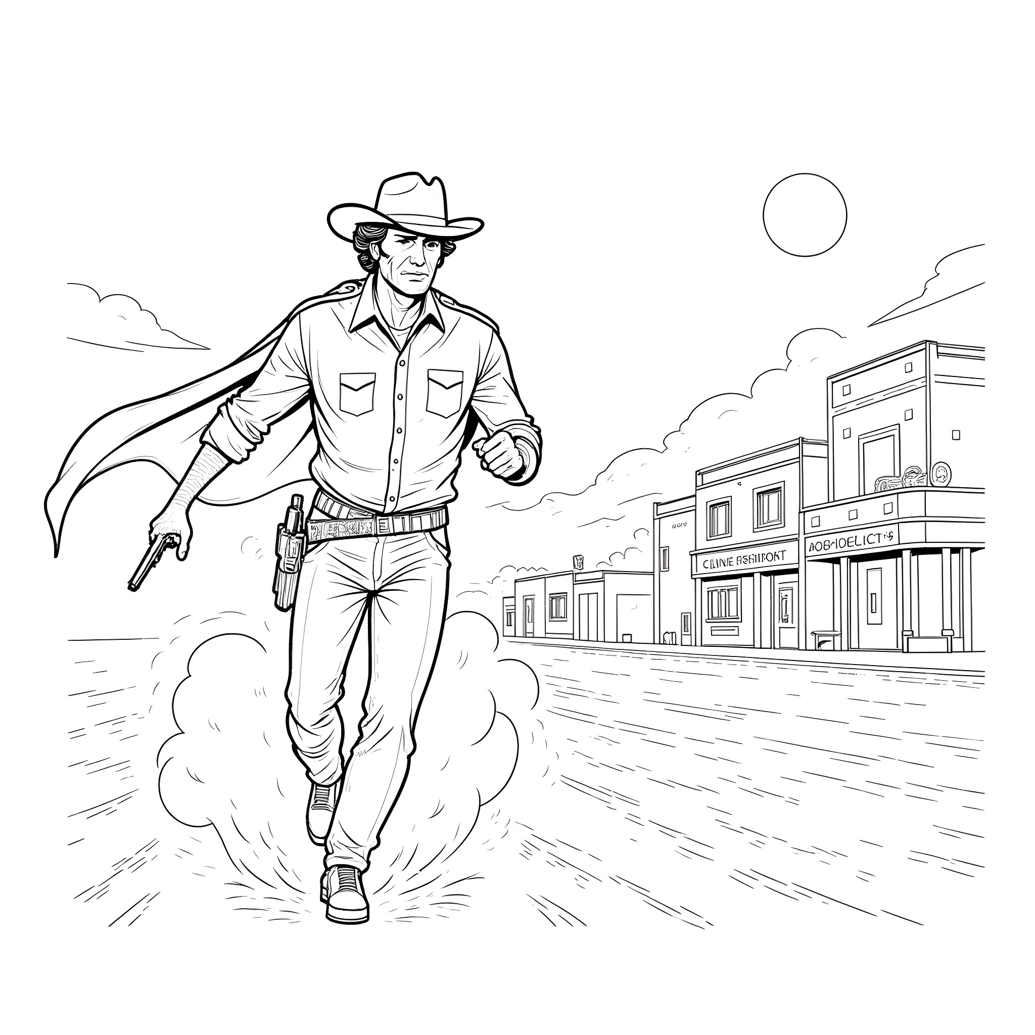 Clint Eastwood as a Determined Western Gunslinger Coloring Page (free black-and-white line drawing printable PDF for all, from beginners to advanced learners, including children, teens, adults, and seniors)
