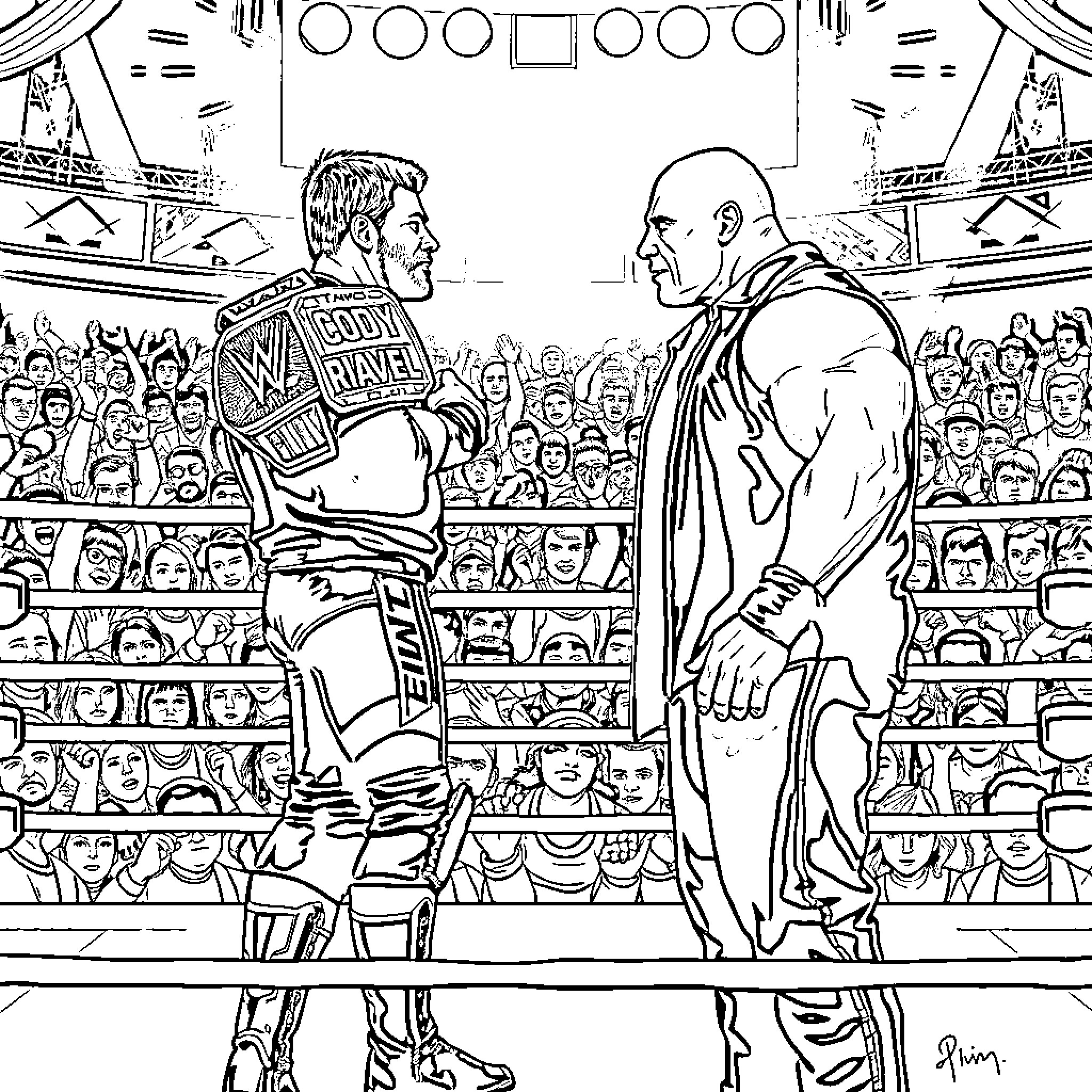 WWE Champion Face-Off in the Ring Coloring Page (free black-and-white line drawing printable PDF for all, from beginners to advanced learners, including children, teens, adults, and seniors)