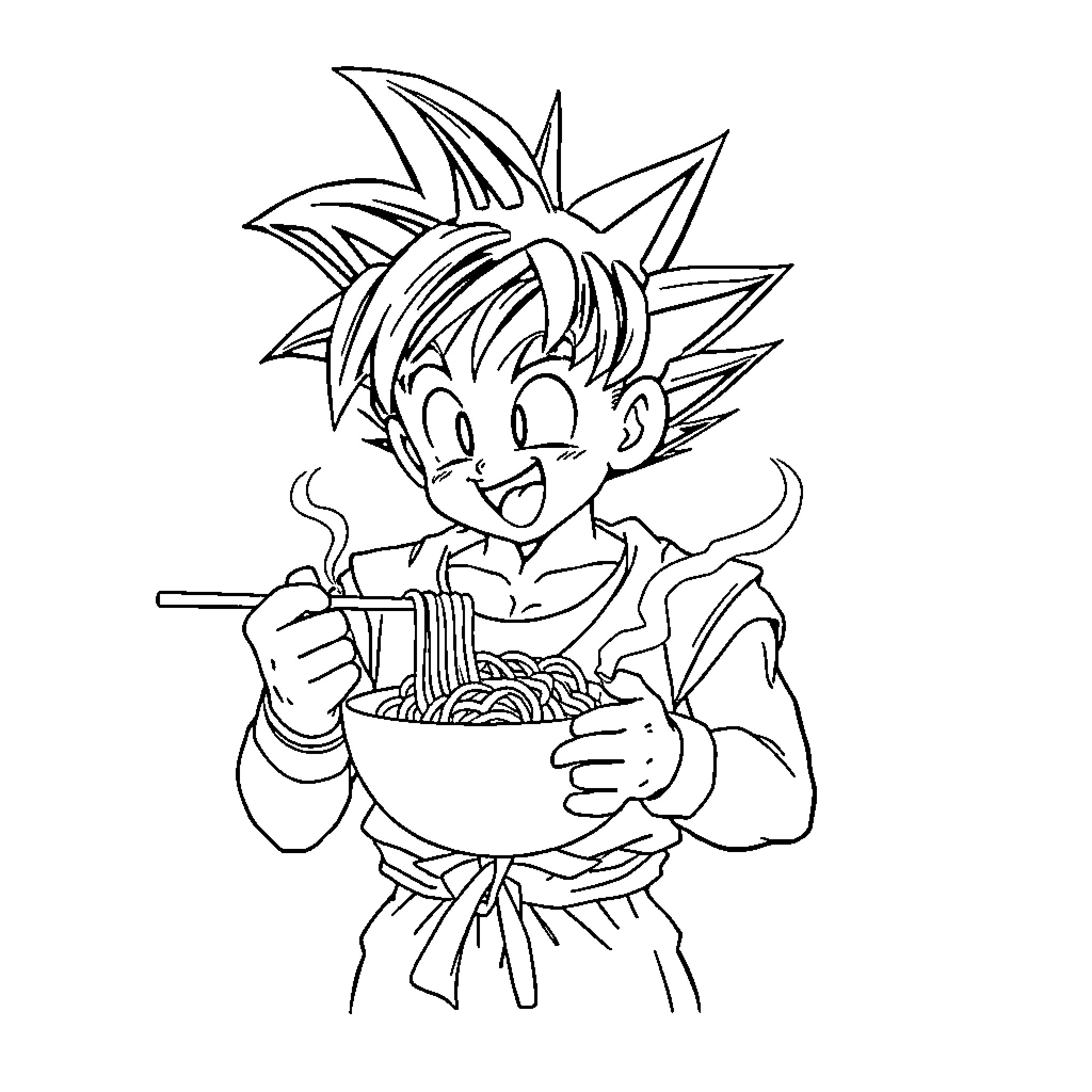 Goku Enjoying a Hearty Meal Coloring Page (free black-and-white line drawing printable PDF for all, from beginners to advanced learners, including children, teens, adults, and seniors)