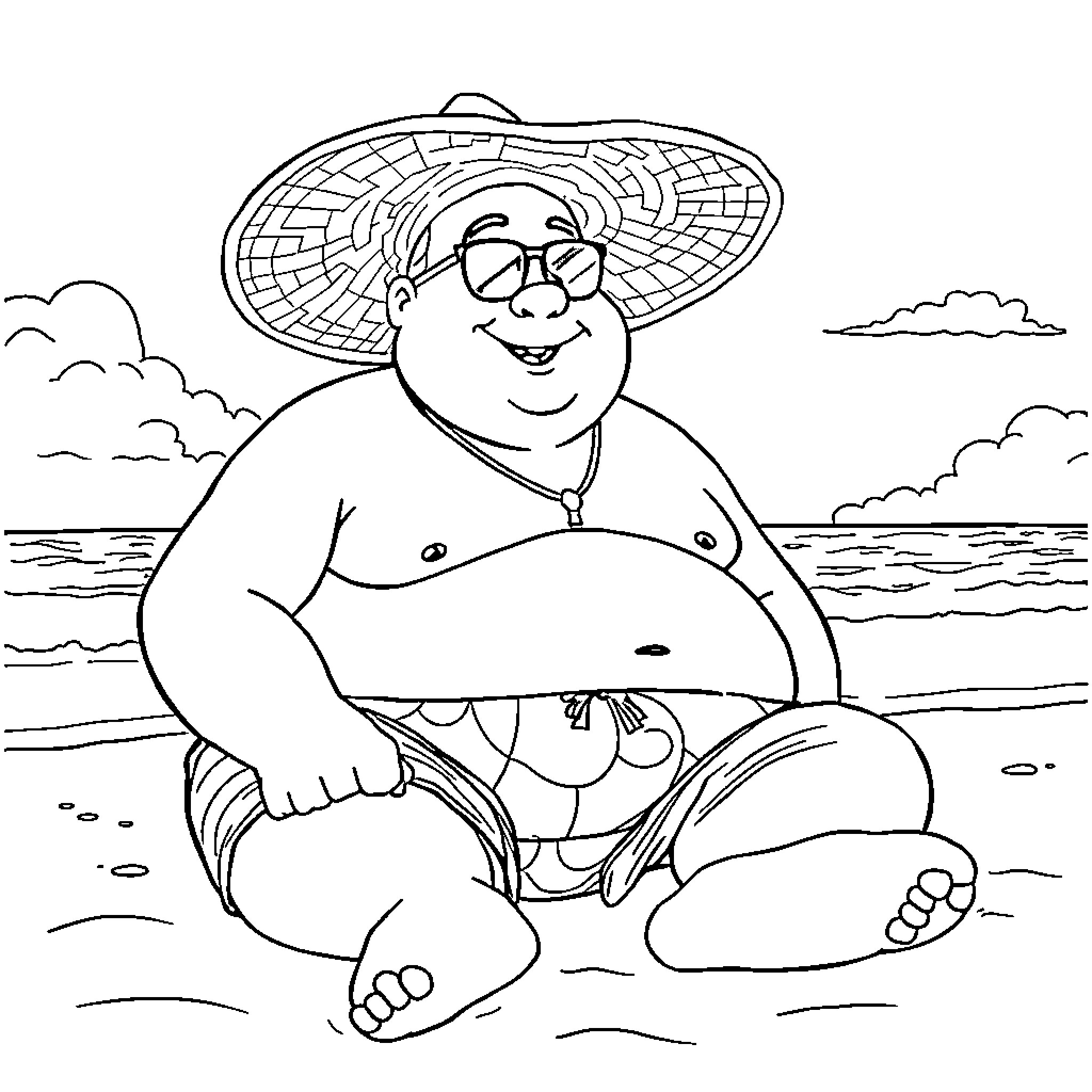 Guy relaxing on the beach with a large hat Coloring Page (free black-and-white line drawing printable PDF for all, from beginners to advanced learners, including children, teens, adults, and seniors)