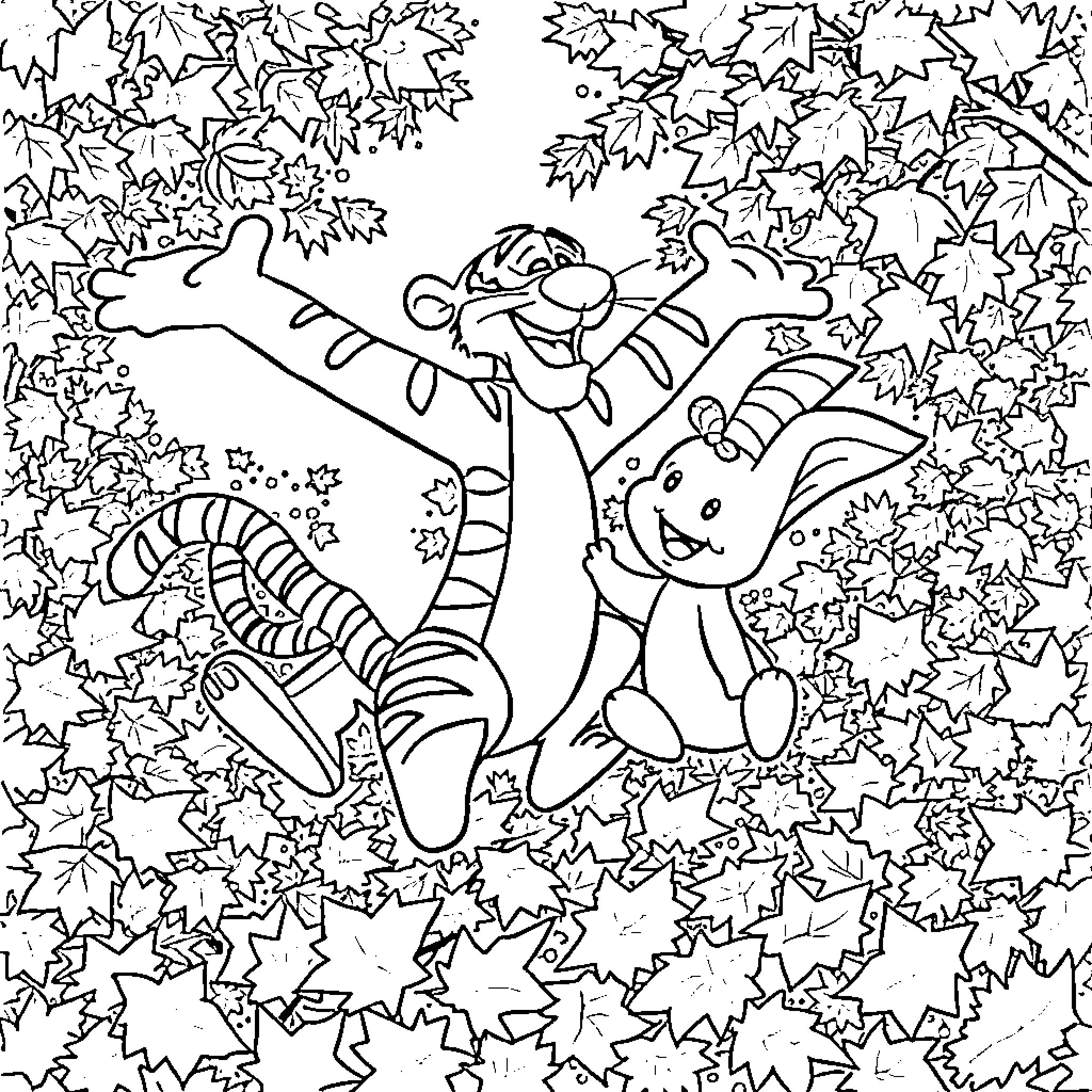 Tigger and Pooh enjoying a playful moment in the leaves Coloring Page (free black-and-white line drawing printable PDF for all, from beginners to advanced learners, including children, teens, adults, and seniors)