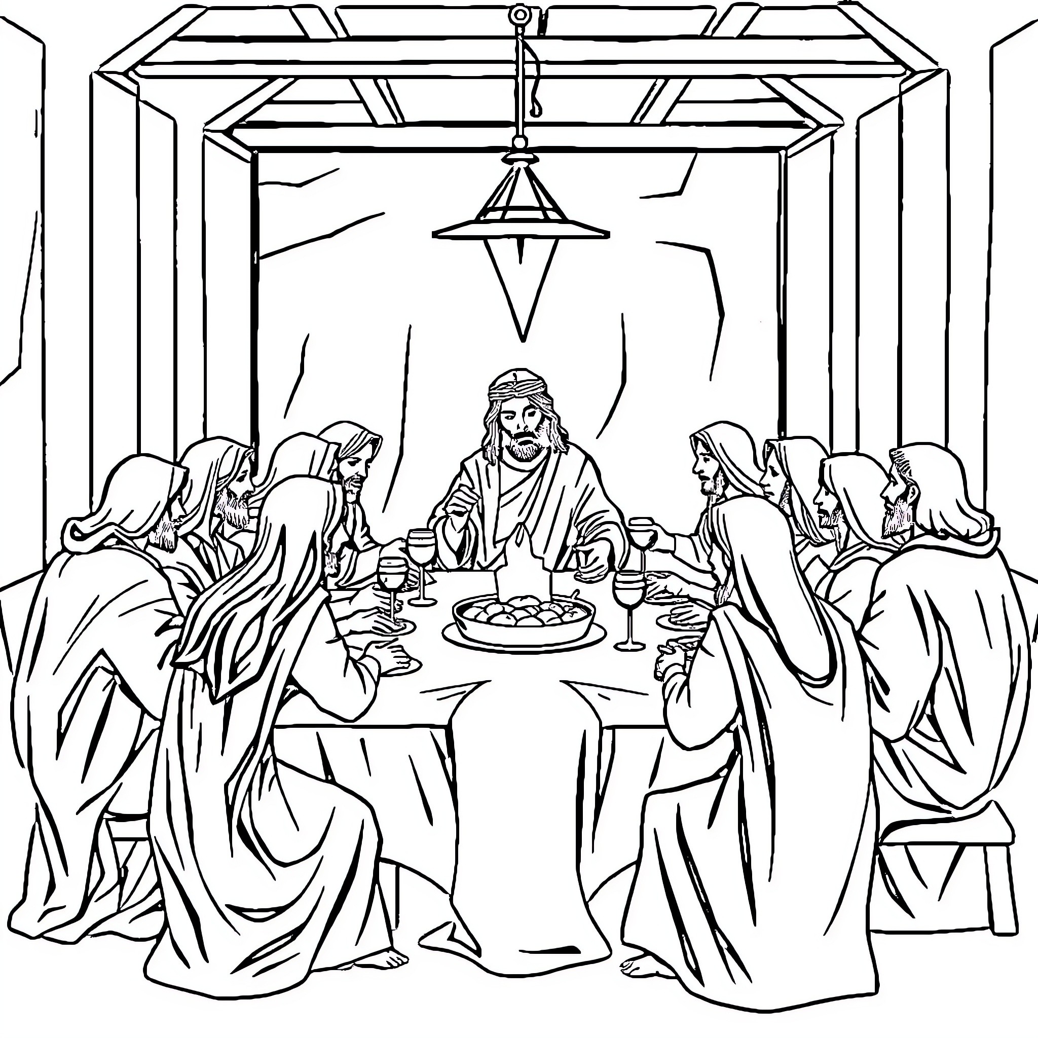 Jesus sharing a meal with his disciples Coloring Page (free black-and-white line drawing printable PDF for all, from beginners to advanced learners, including children, teens, adults, and seniors)