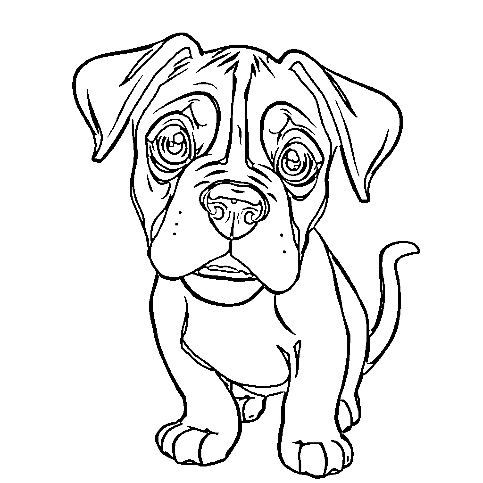 Boxer dog with expressive features Coloring Page (free black-and-white line drawing printable PDF for all, from beginners to advanced learners, including children, teens, adults, and seniors)