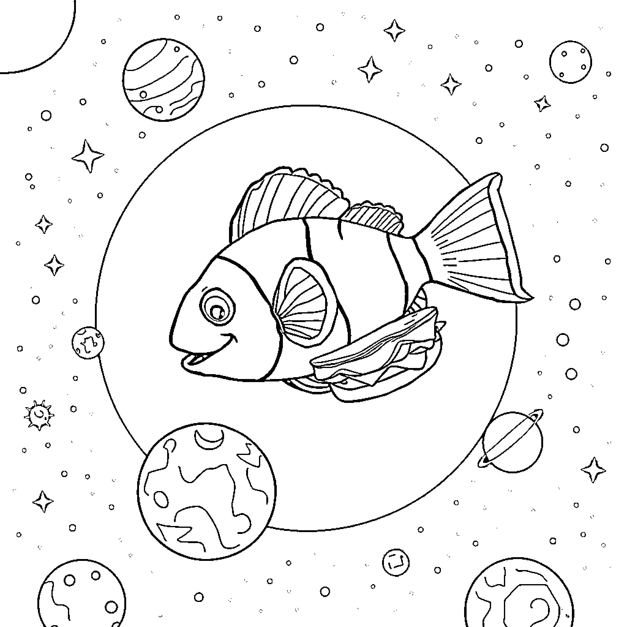 Clownfish exploring cosmic underwater scene Coloring Page (free black-and-white line drawing printable PDF for all, from beginners to advanced learners, including children, teens, adults, and seniors)