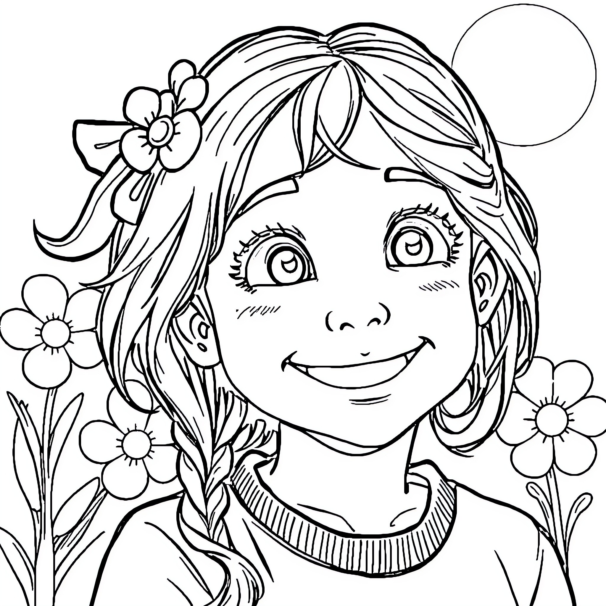Sasa's Cheerful Floral Adventure Coloring Page (free black-and-white line drawing printable PDF for all, from beginners to advanced learners, including children, teens, adults, and seniors)