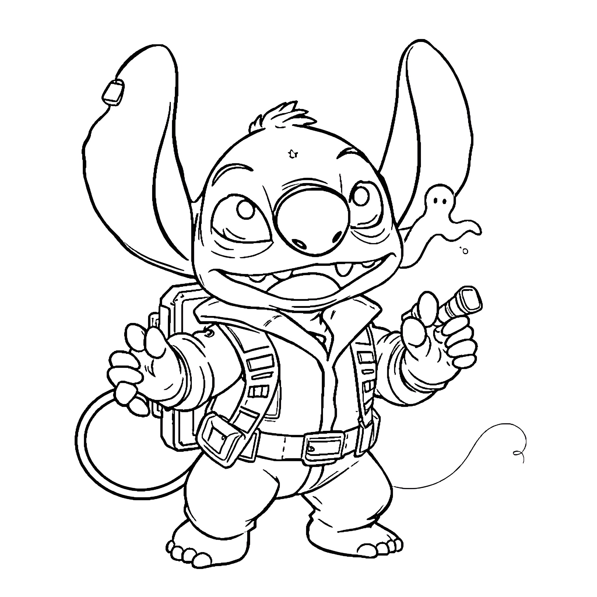 Stitch posing with tools and accessories Coloring Page (free black-and-white line drawing printable PDF for all, from beginners to advanced learners, including children, teens, adults, and seniors)