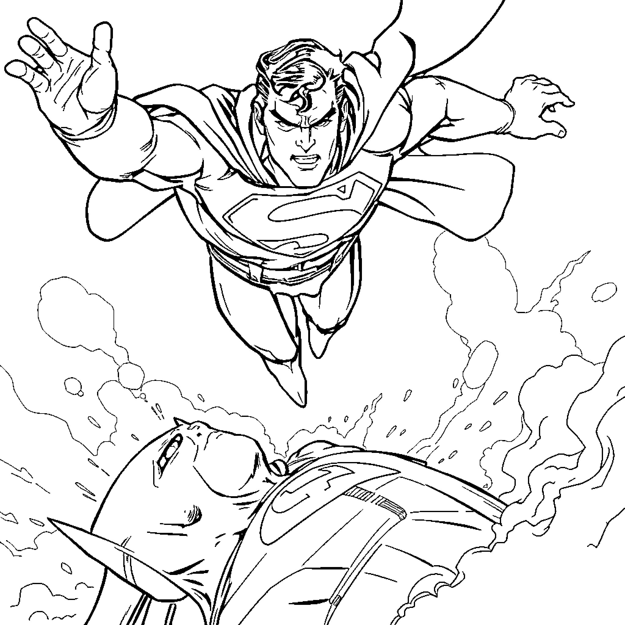 Superman in mid-flight action pose Coloring Page (free black-and-white line drawing printable PDF for all, from beginners to advanced learners, including children, teens, adults, and seniors)