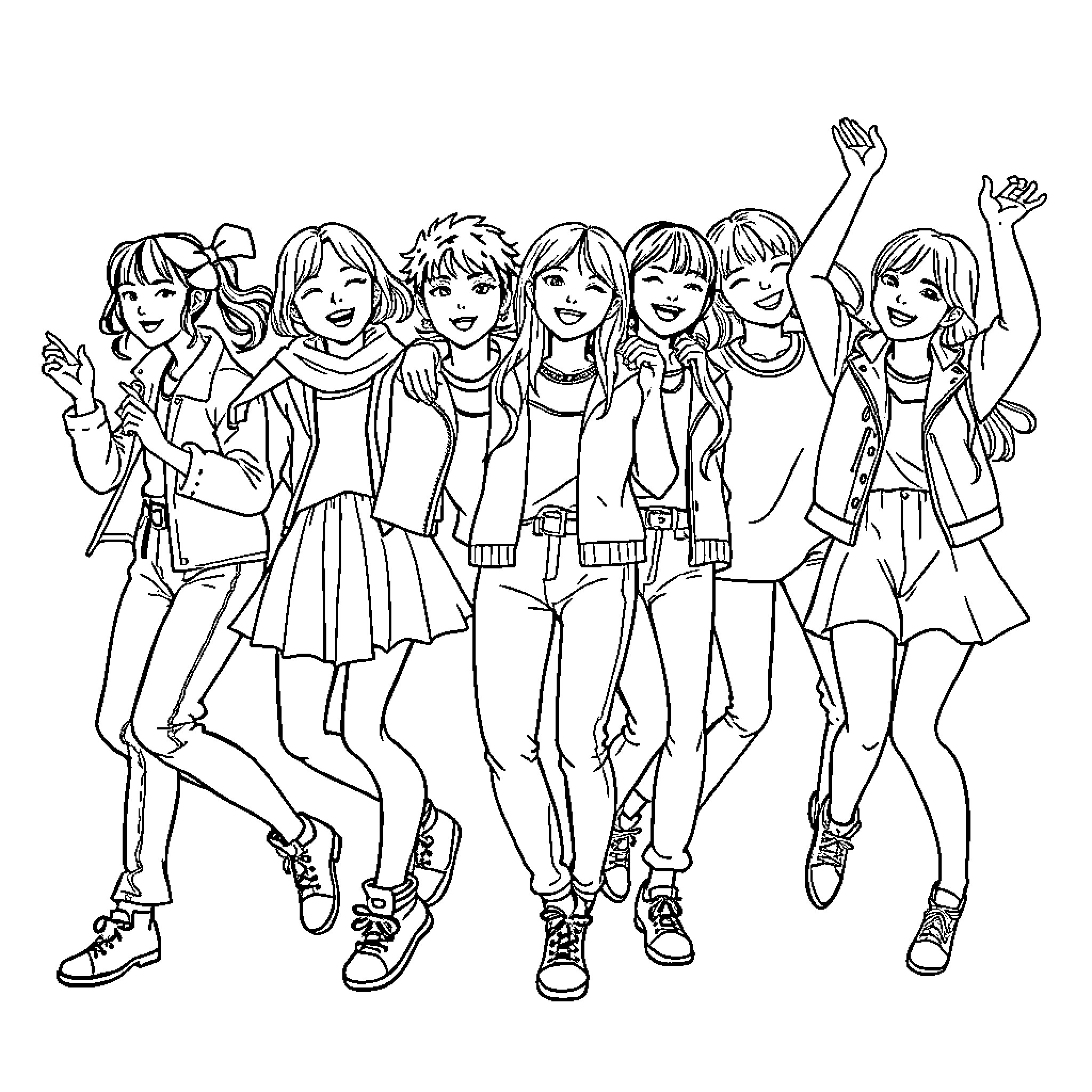 Kpop Baby Group Posing in Lively Outfits Coloring Page (free black-and-white line drawing printable PDF for all, from beginners to advanced learners, including children, teens, adults, and seniors)