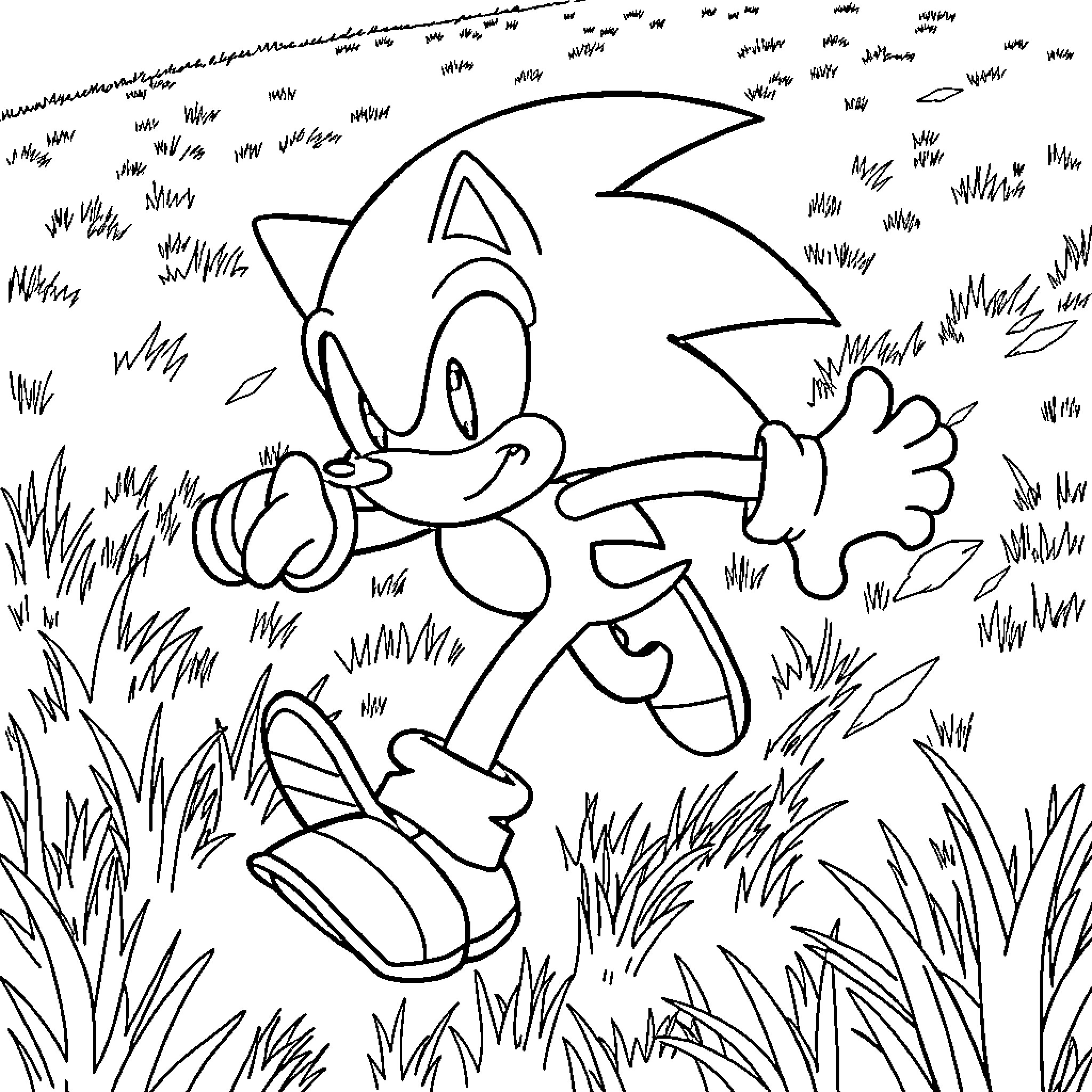 Sonic joyfully running through a grassy field Coloring Page (free black-and-white line drawing printable PDF for all, from beginners to advanced learners, including children, teens, adults, and seniors)