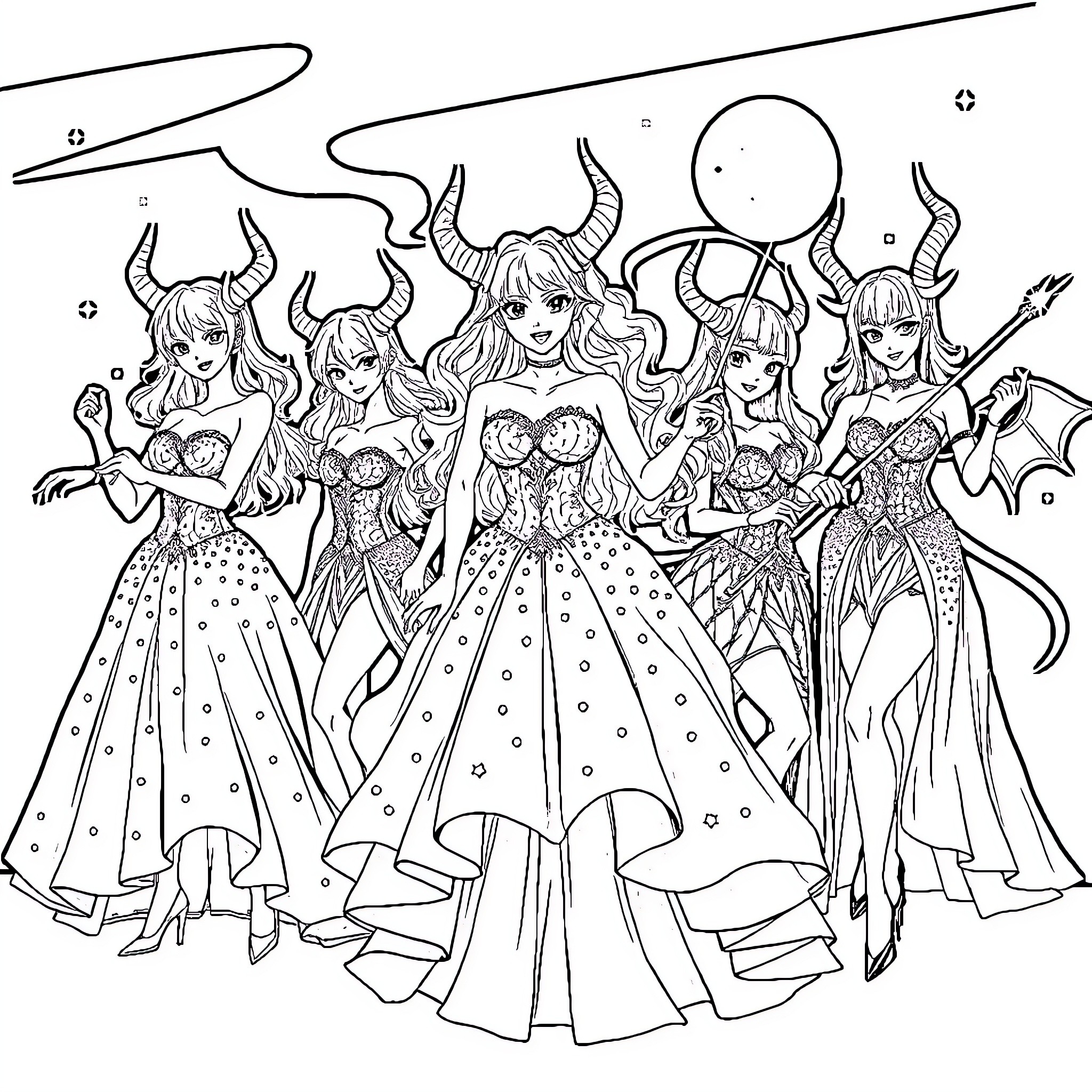 Demon Hunter Heroines in Fantasy Attire Coloring Page (free black-and-white line drawing printable PDF for all, from beginners to advanced learners, including children, teens, adults, and seniors)