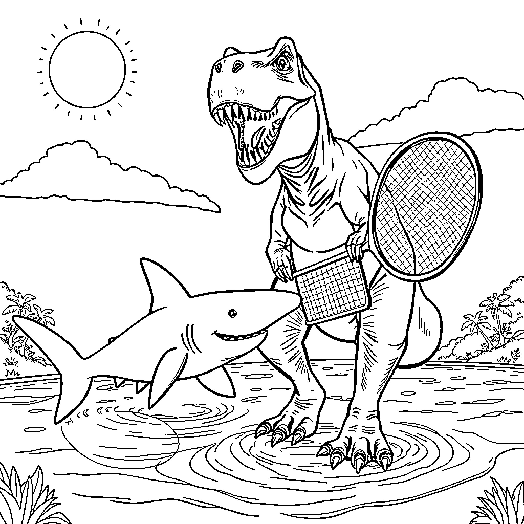 T-Rex playing tennis with a shark in the wild Coloring Page (free black-and-white line drawing printable PDF for all, from beginners to advanced learners, including children, teens, adults, and seniors)