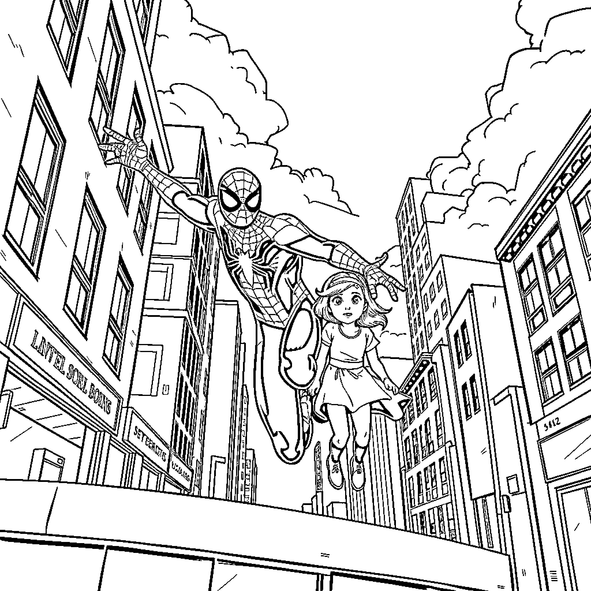 Spider-Man swinging through city streets with a young girl Coloring Page (free black-and-white line drawing printable PDF for all, from beginners to advanced learners, including children, teens, adults, and seniors)