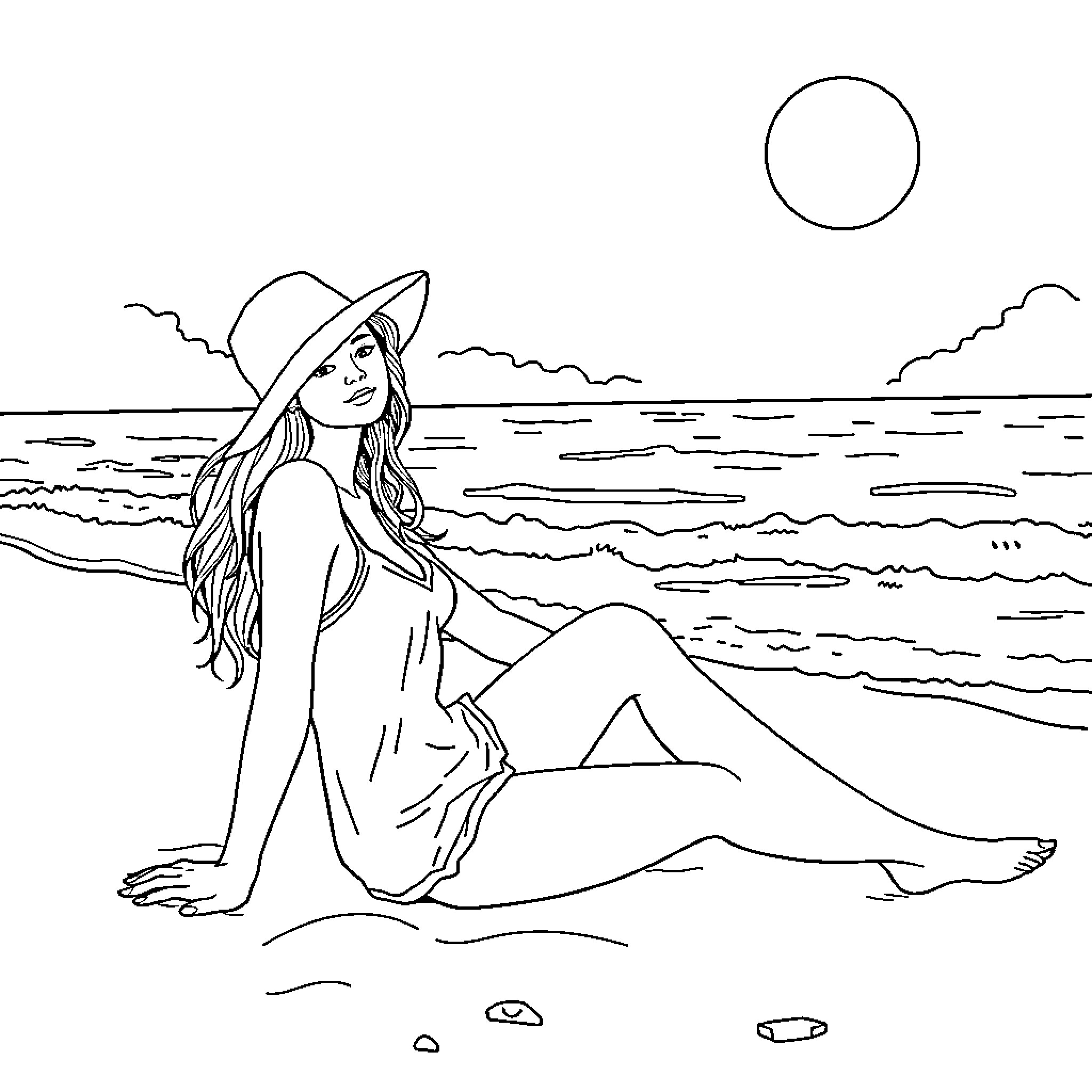 Chick relaxing on the beach enjoying the sun Coloring Page (free black-and-white line drawing printable PDF for all, from beginners to advanced learners, including children, teens, adults, and seniors)