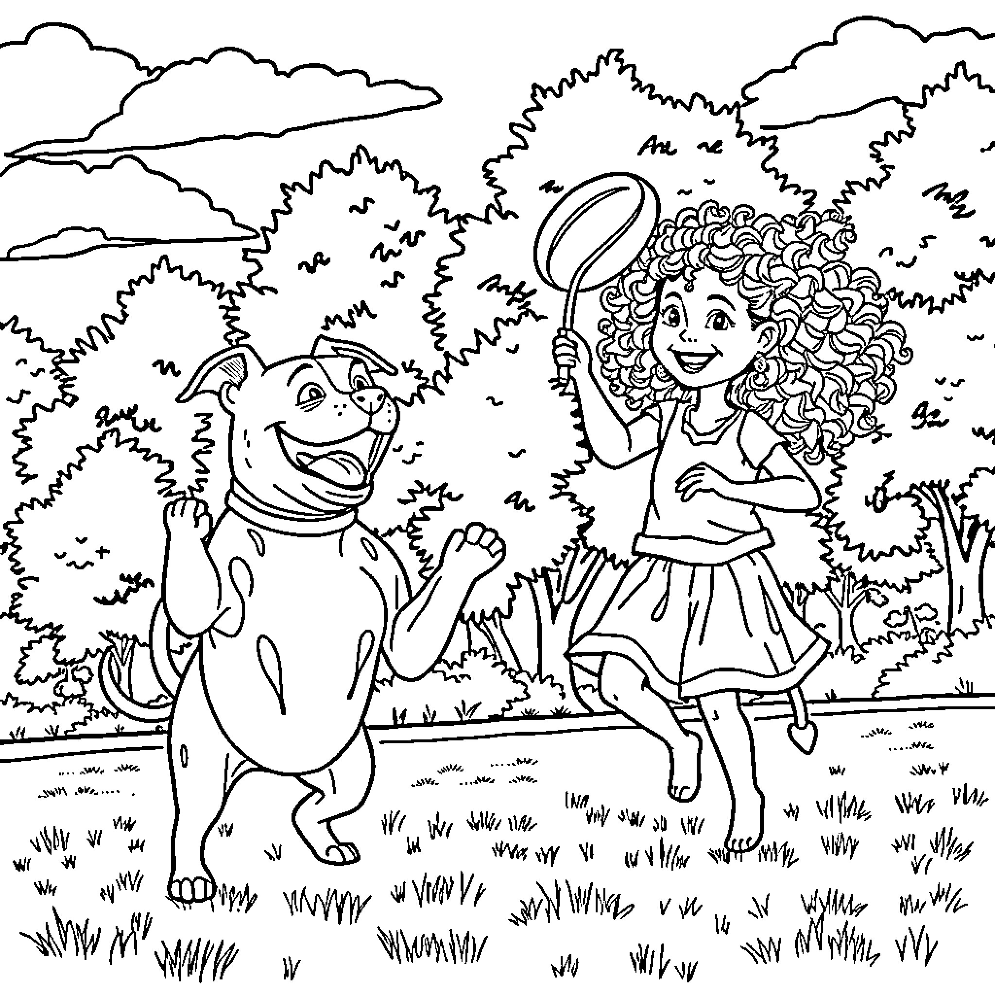 Pitbull and girl play joyfully in the park Coloring Page (free black-and-white line drawing printable PDF for all, from beginners to advanced learners, including children, teens, adults, and seniors)