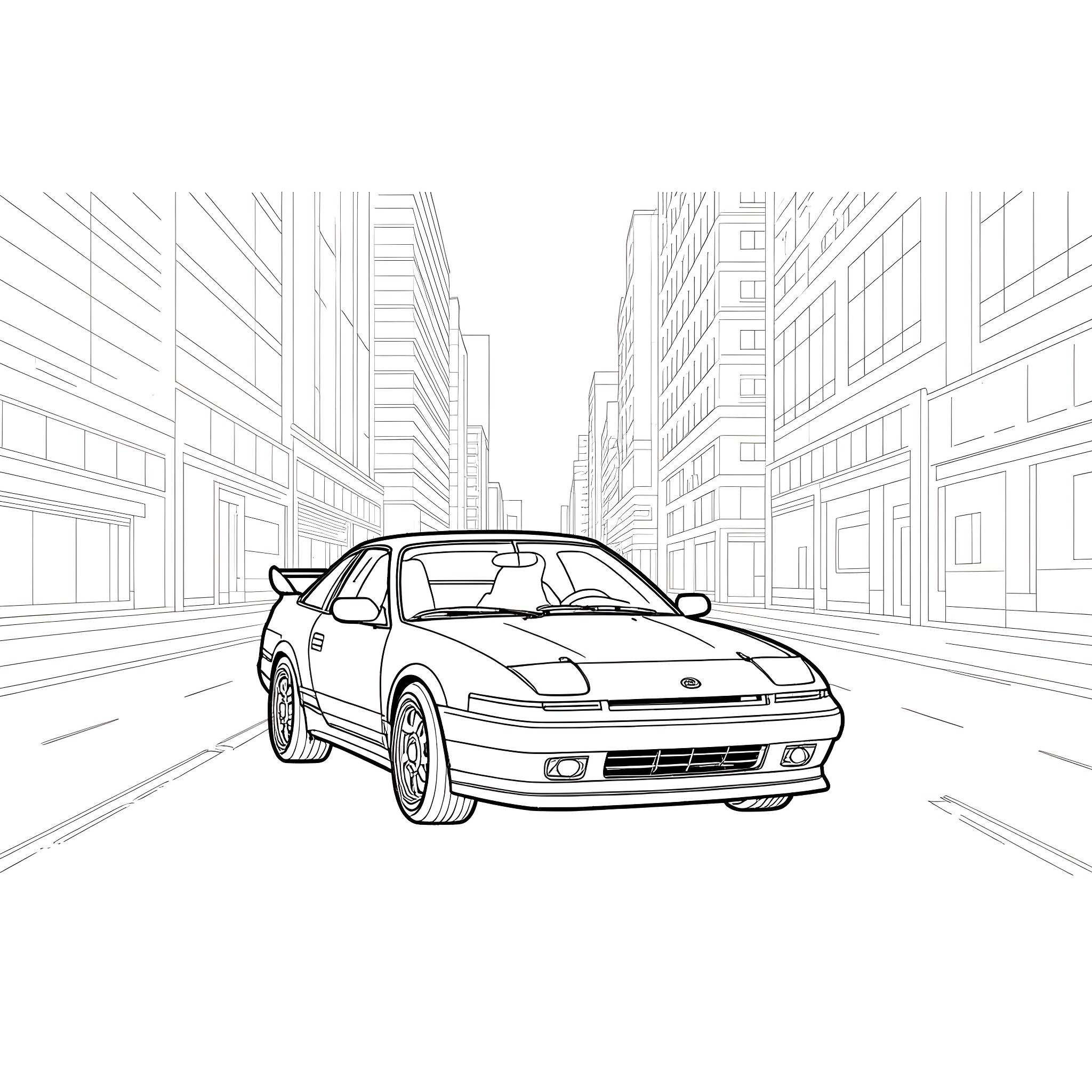 Nissan 240sx sports car in urban cityscape Coloring Page (free black-and-white line drawing printable PDF for all, from beginners to advanced learners, including children, teens, adults, and seniors)