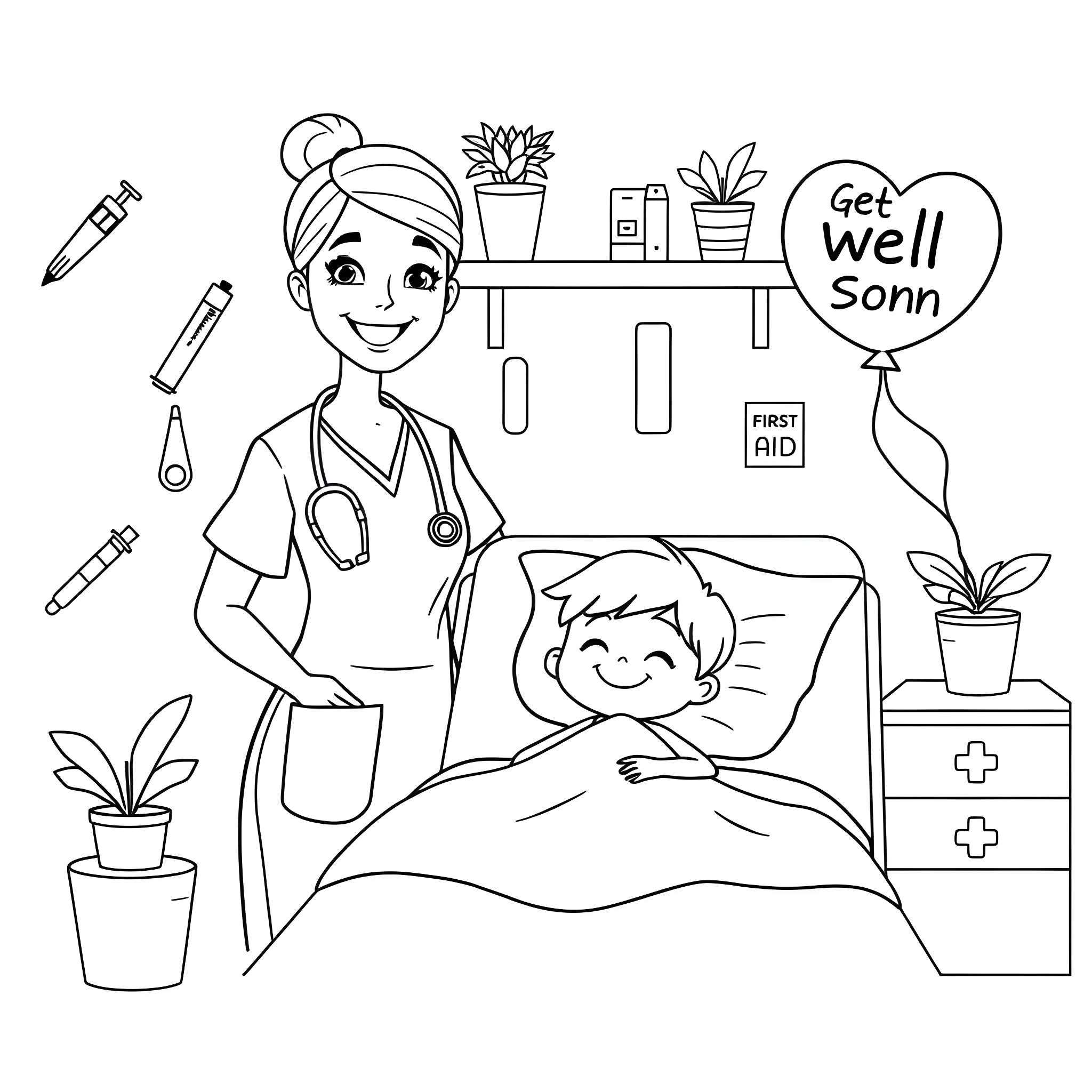 Nurse caring for patient in hospital room Coloring Page (free black-and-white line drawing printable PDF for all, from beginners to advanced learners, including children, teens, adults, and seniors)