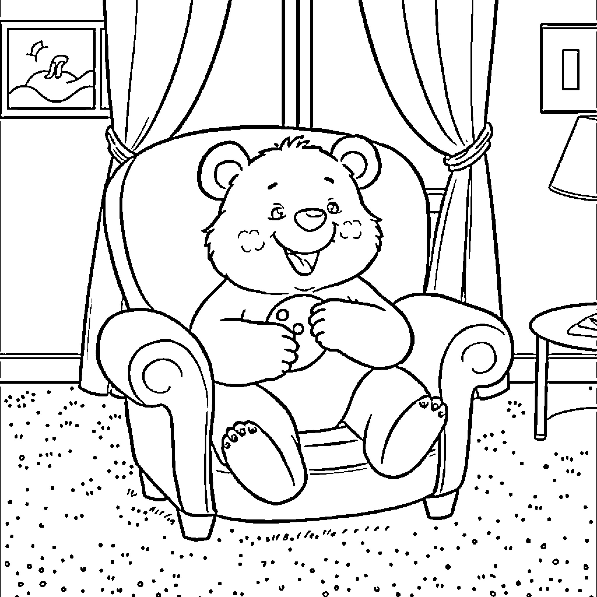 Bear relaxing happily in a cozy armchair Coloring Page (free black-and-white line drawing printable PDF for all, from beginners to advanced learners, including children, teens, adults, and seniors)