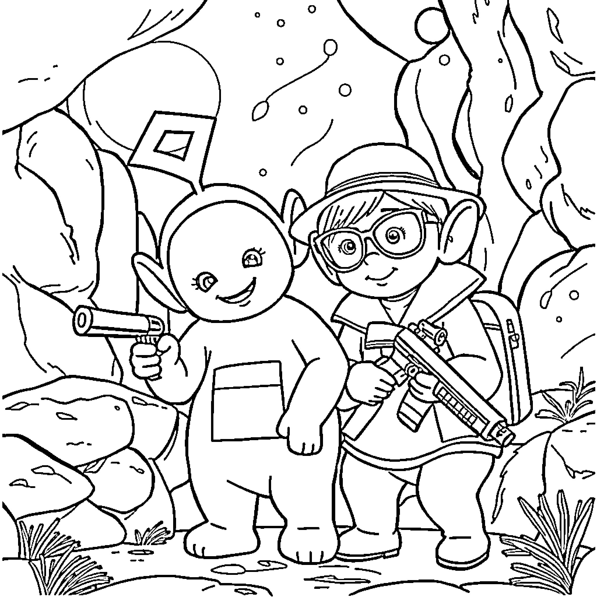 Laa-Laa and friends explore the wilderness Coloring Page (free black-and-white line drawing printable PDF for all, from beginners to advanced learners, including children, teens, adults, and seniors)