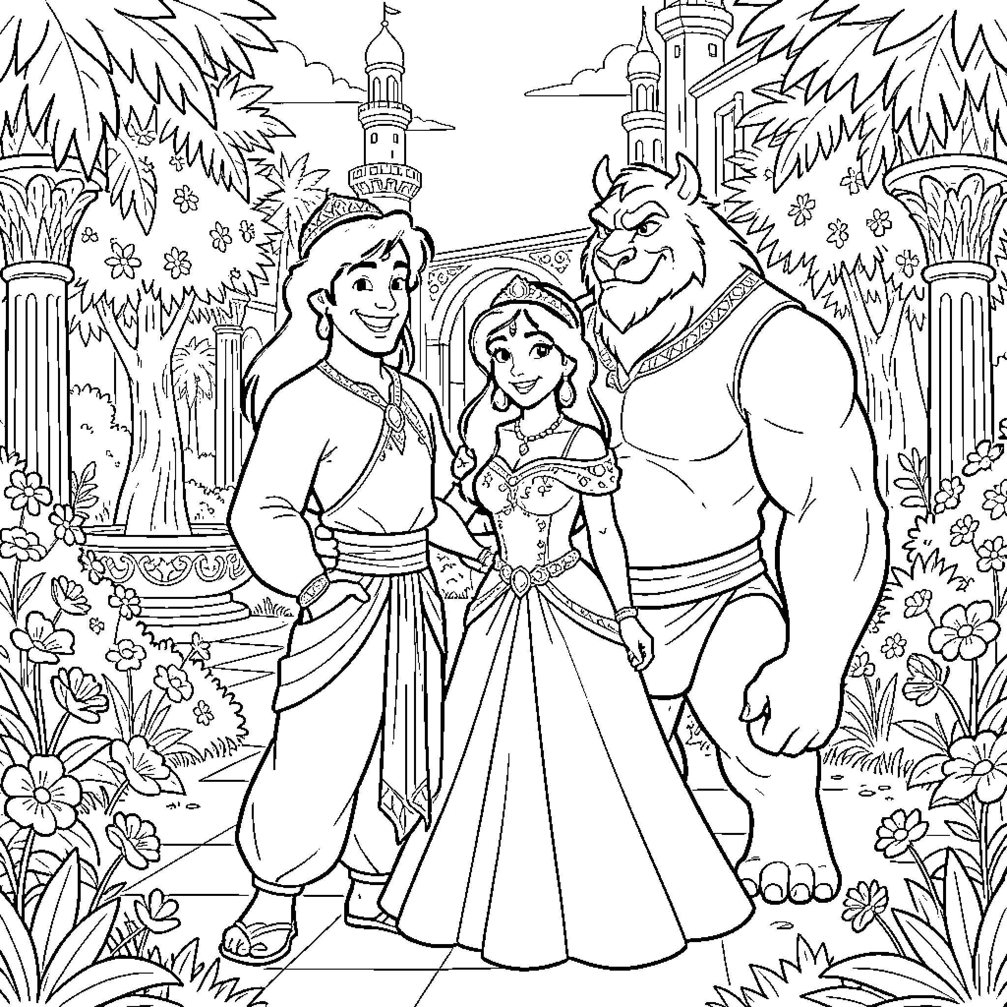 Aladdin, Jasmine, and Beast in Palace Garden Coloring Page (free black-and-white line drawing printable PDF for all, from beginners to advanced learners, including children, teens, adults, and seniors)