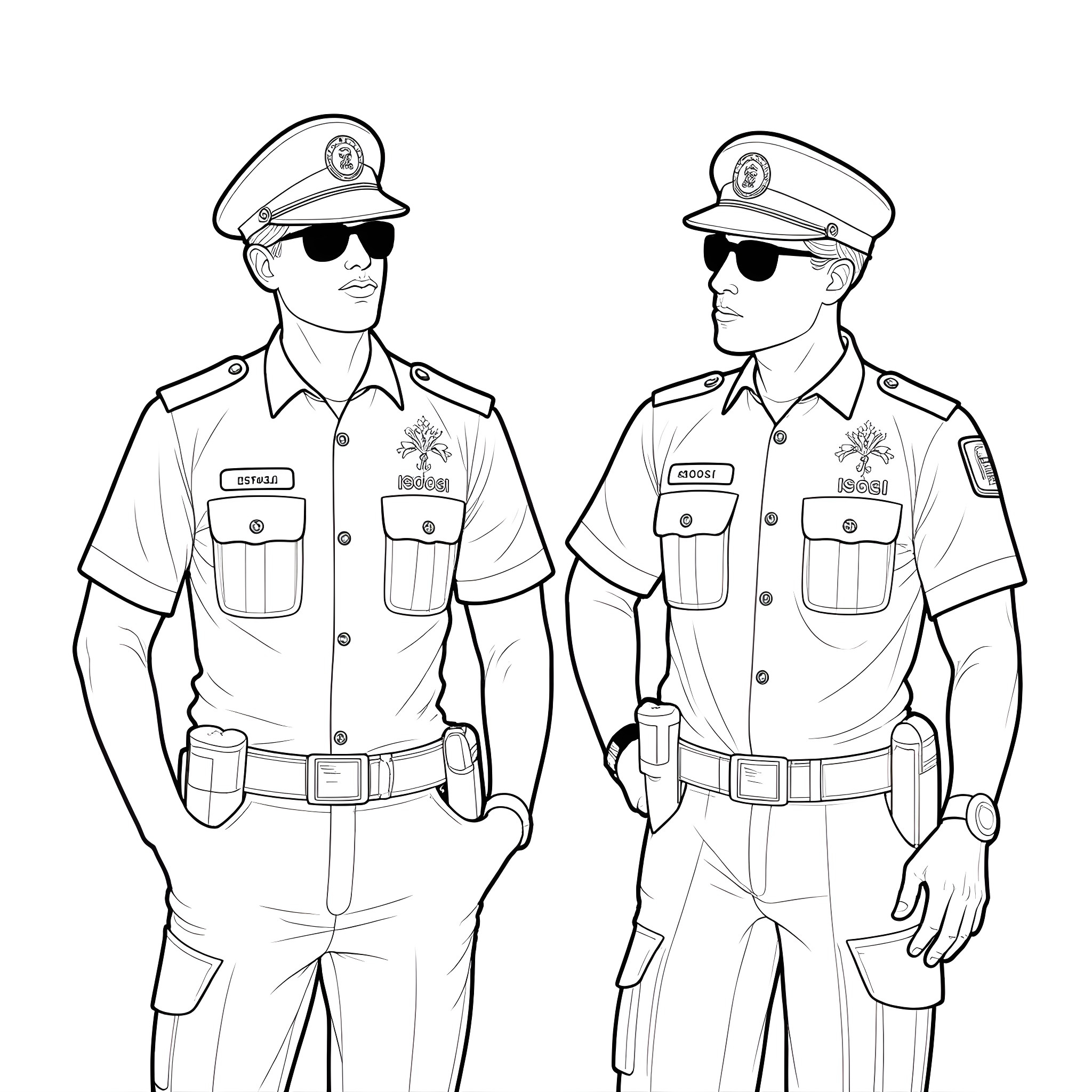 Carabiniere officers in uniform with sunglasses Coloring Page (free black-and-white line drawing printable PDF for all, from beginners to advanced learners, including children, teens, adults, and seniors)