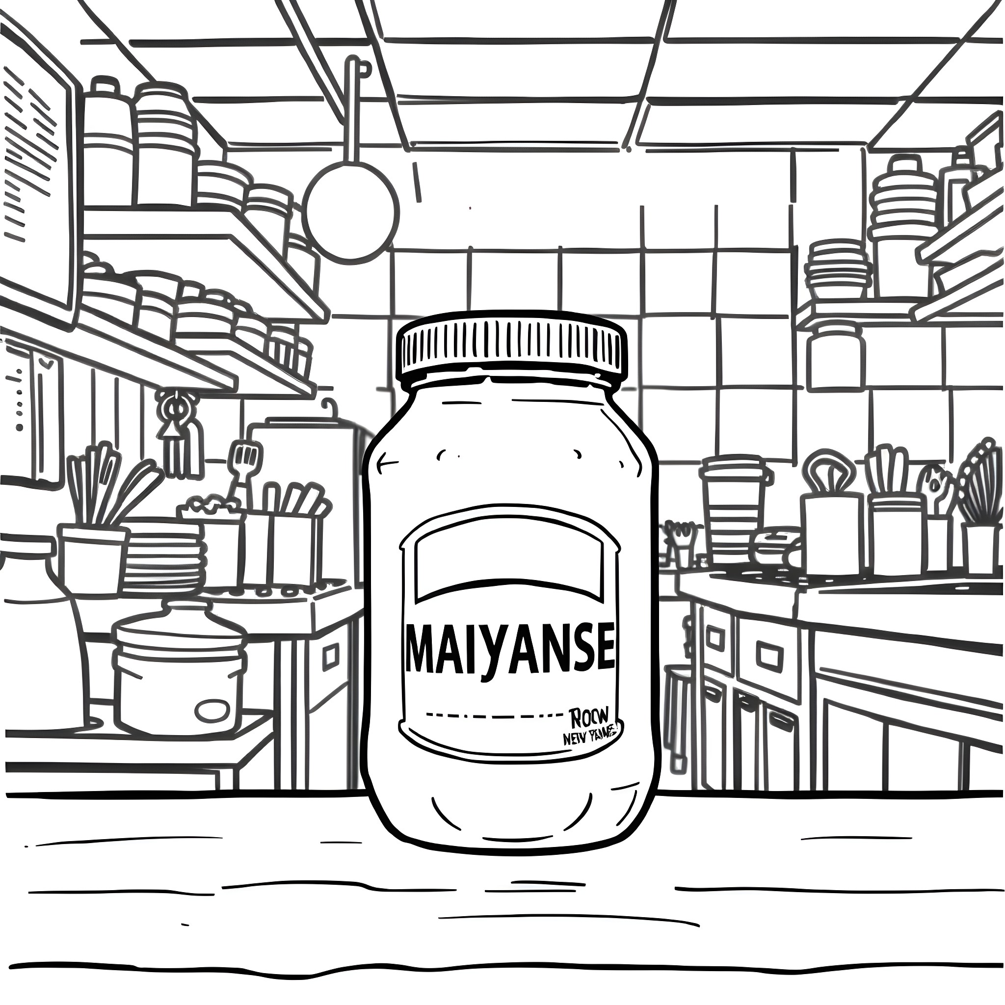 Mayonnaise Jar in a Busy Kitchen Coloring Page (free black-and-white line drawing printable PDF for all, from beginners to advanced learners, including children, teens, adults, and seniors)