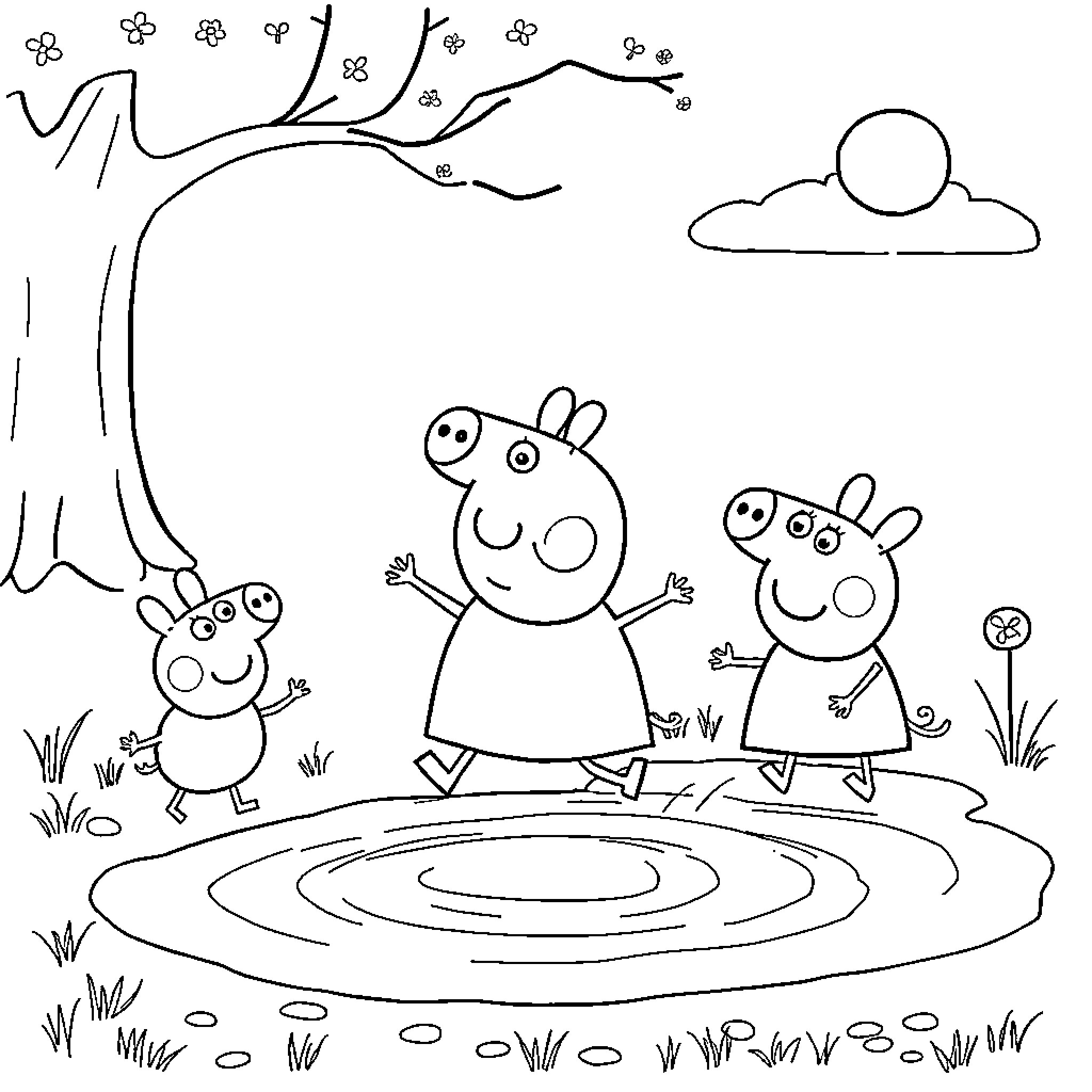 Peppa Pig and her family jumping near a puddle Coloring Page (free black-and-white line drawing printable PDF for all, from beginners to advanced learners, including children, teens, adults, and seniors)