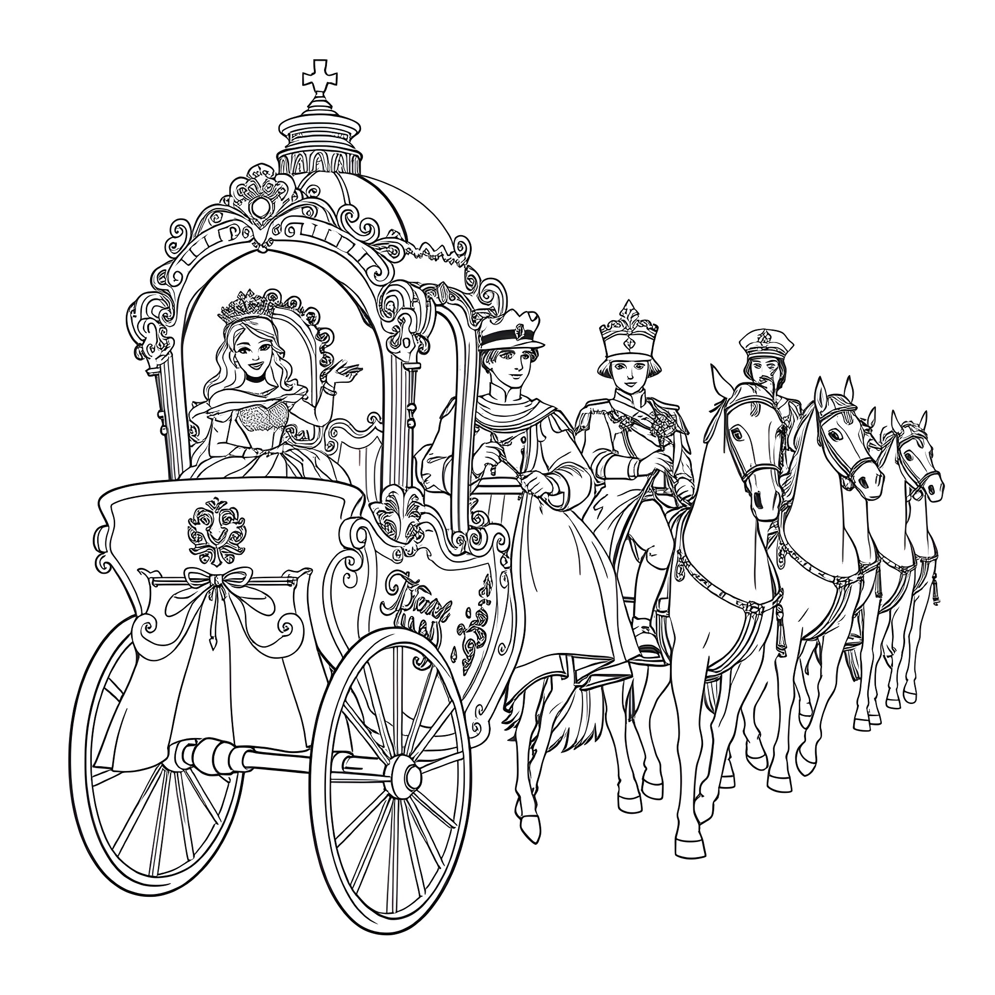 Princess's Royal Carriage Procession with Uniformed Guards Coloring Page (free black-and-white line drawing printable PDF for all, from beginners to advanced learners, including children, teens, adults, and seniors)