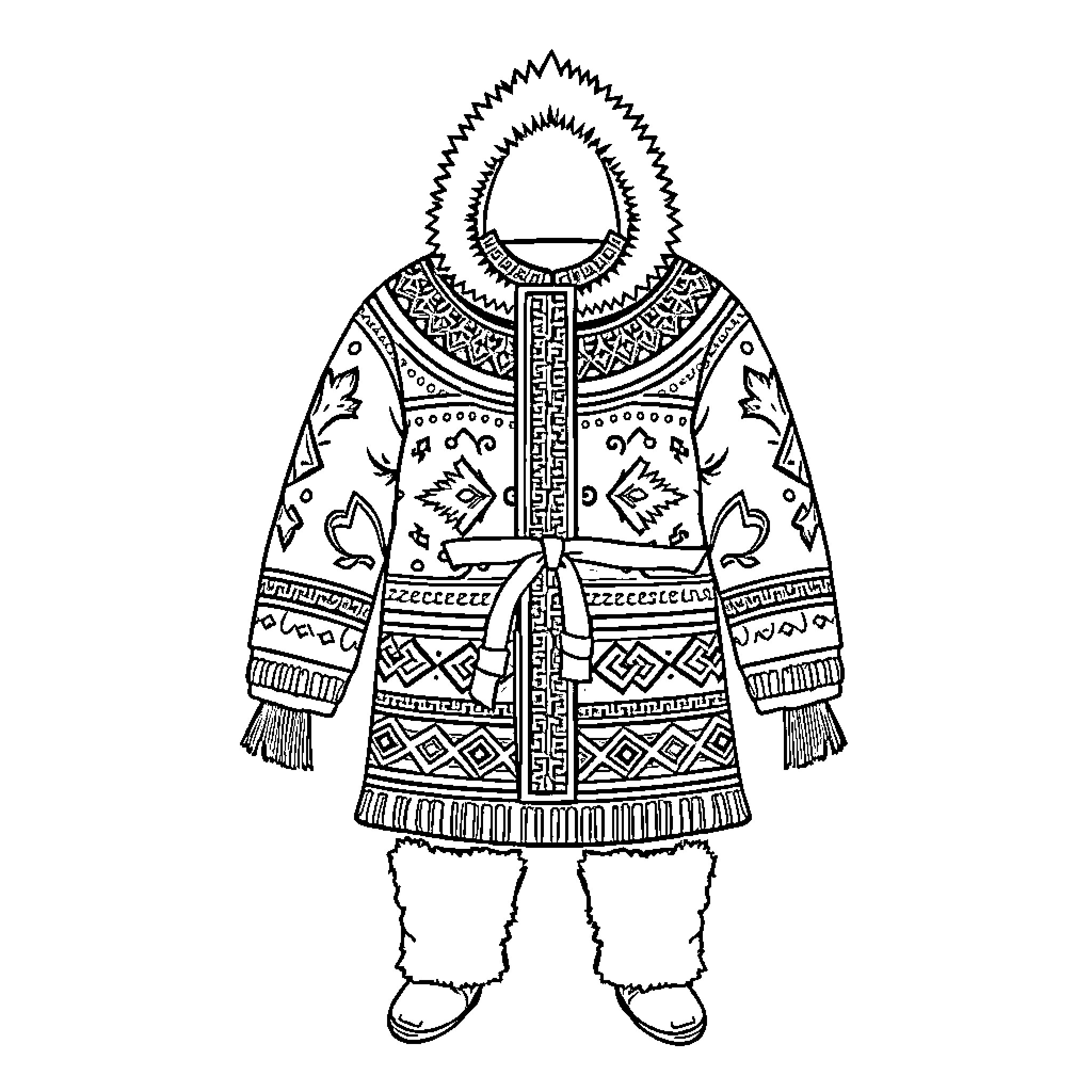 Kuspuk with intricate traditional patterns and accessories Coloring Page (free black-and-white line drawing printable PDF for all, from beginners to advanced learners, including children, teens, adults, and seniors)