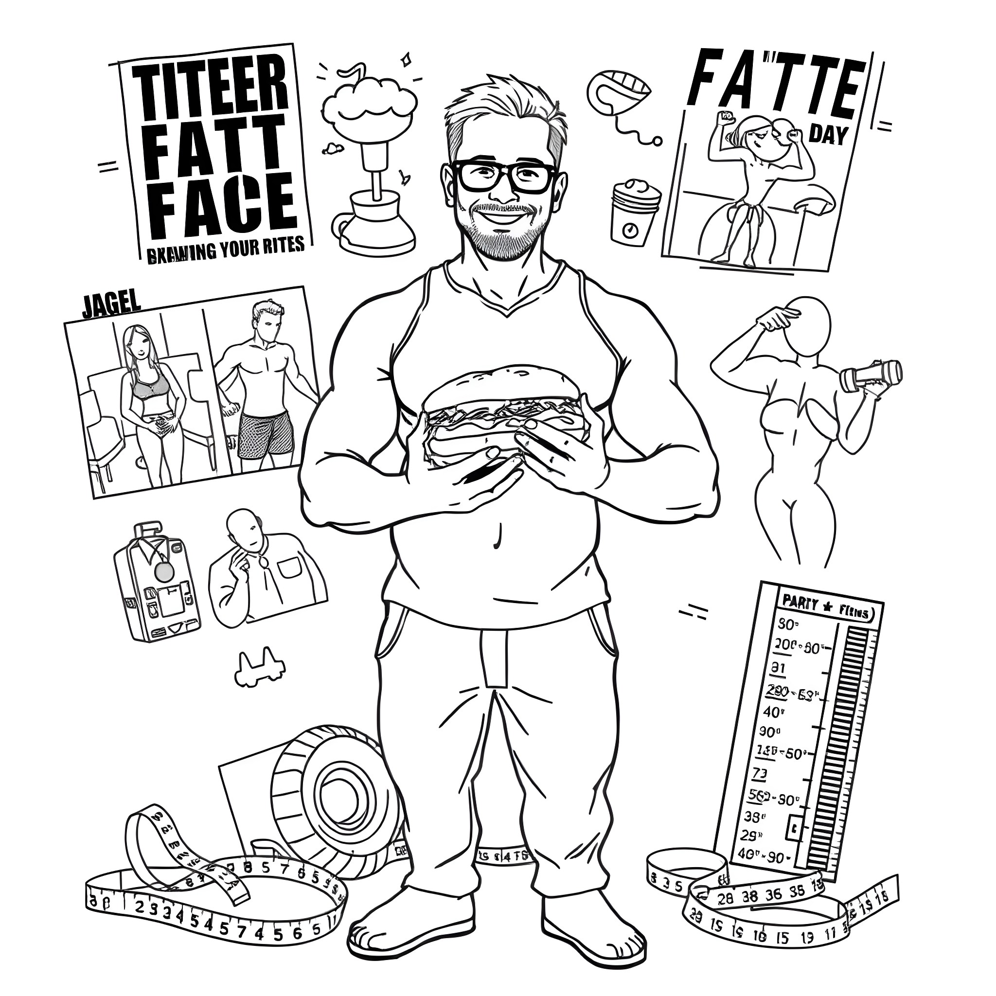Jared Fogle Weighing Food Intake and Fitness Coloring Page (free black-and-white line drawing printable PDF for all, from beginners to advanced learners, including children, teens, adults, and seniors)