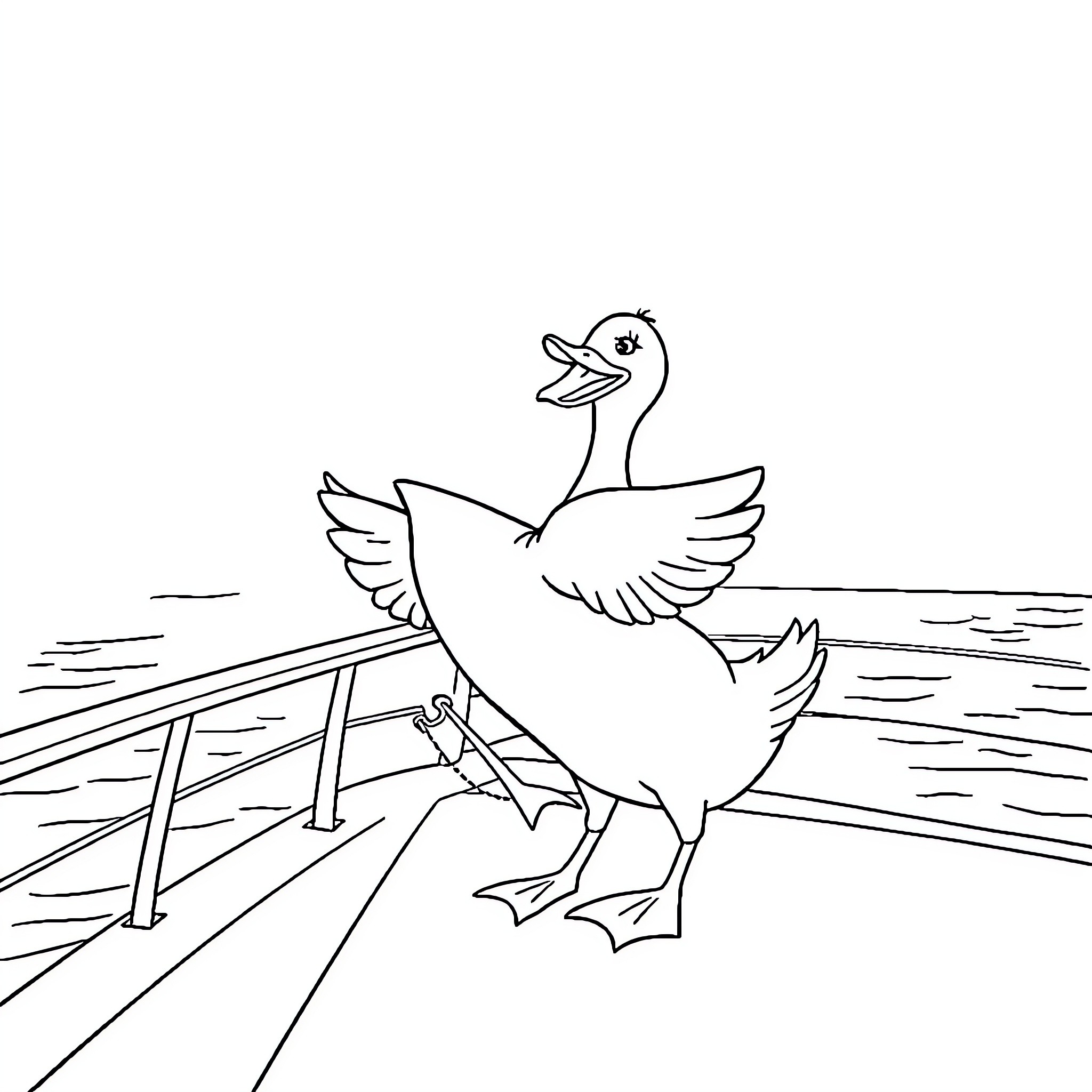 Duck walking on a wooden dock Coloring Page (free black-and-white line drawing printable PDF for all, from beginners to advanced learners, including children, teens, adults, and seniors)