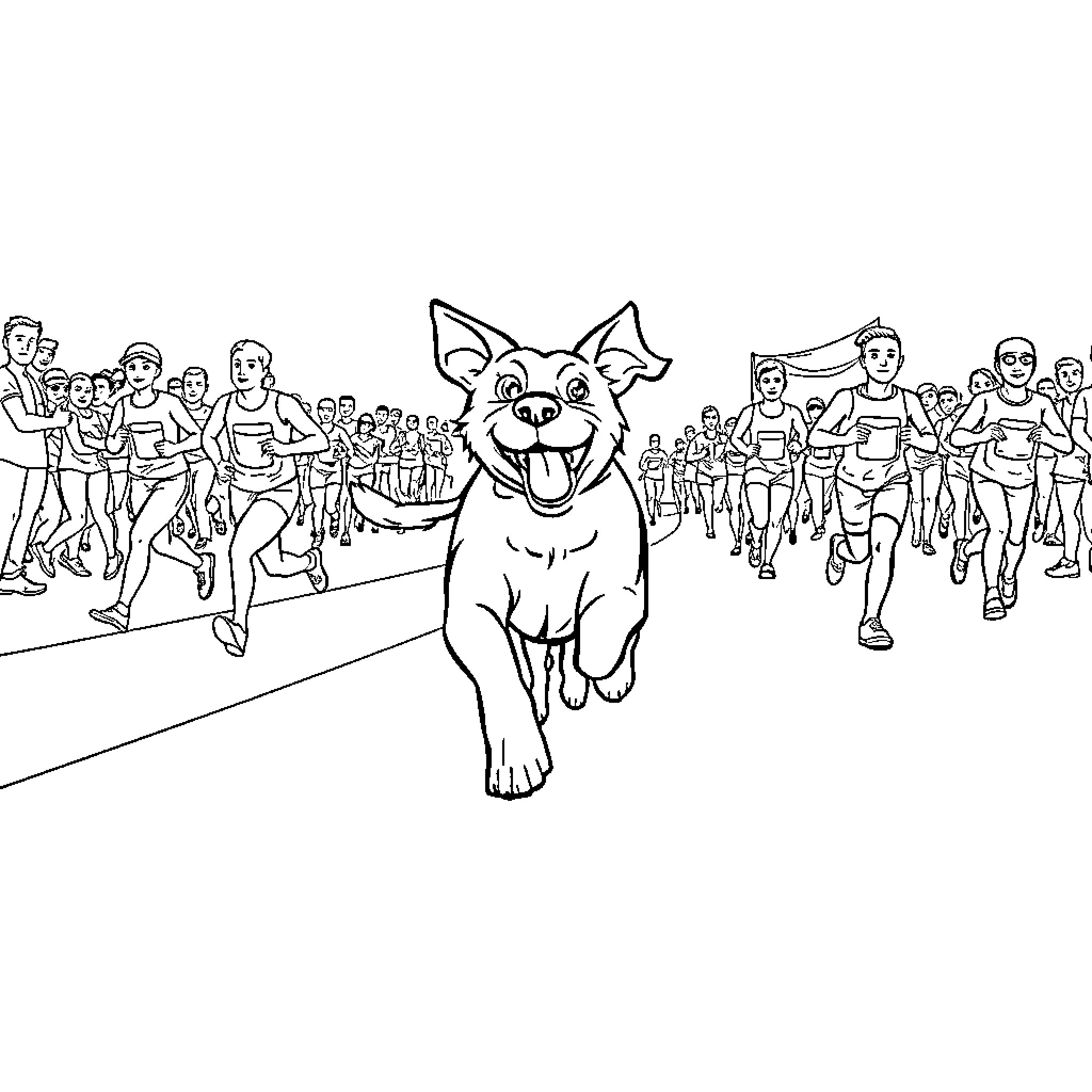 Dog cheerfully leading runners in marathon Coloring Page (free black-and-white line drawing printable PDF for all, from beginners to advanced learners, including children, teens, adults, and seniors)