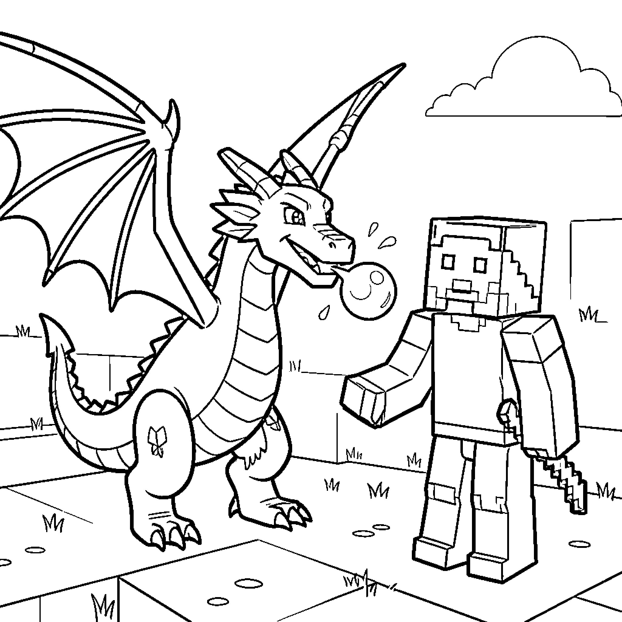 Dragon breathing a bubble towards a blocky character Coloring Page (free black-and-white line drawing printable PDF for all, from beginners to advanced learners, including children, teens, adults, and seniors)