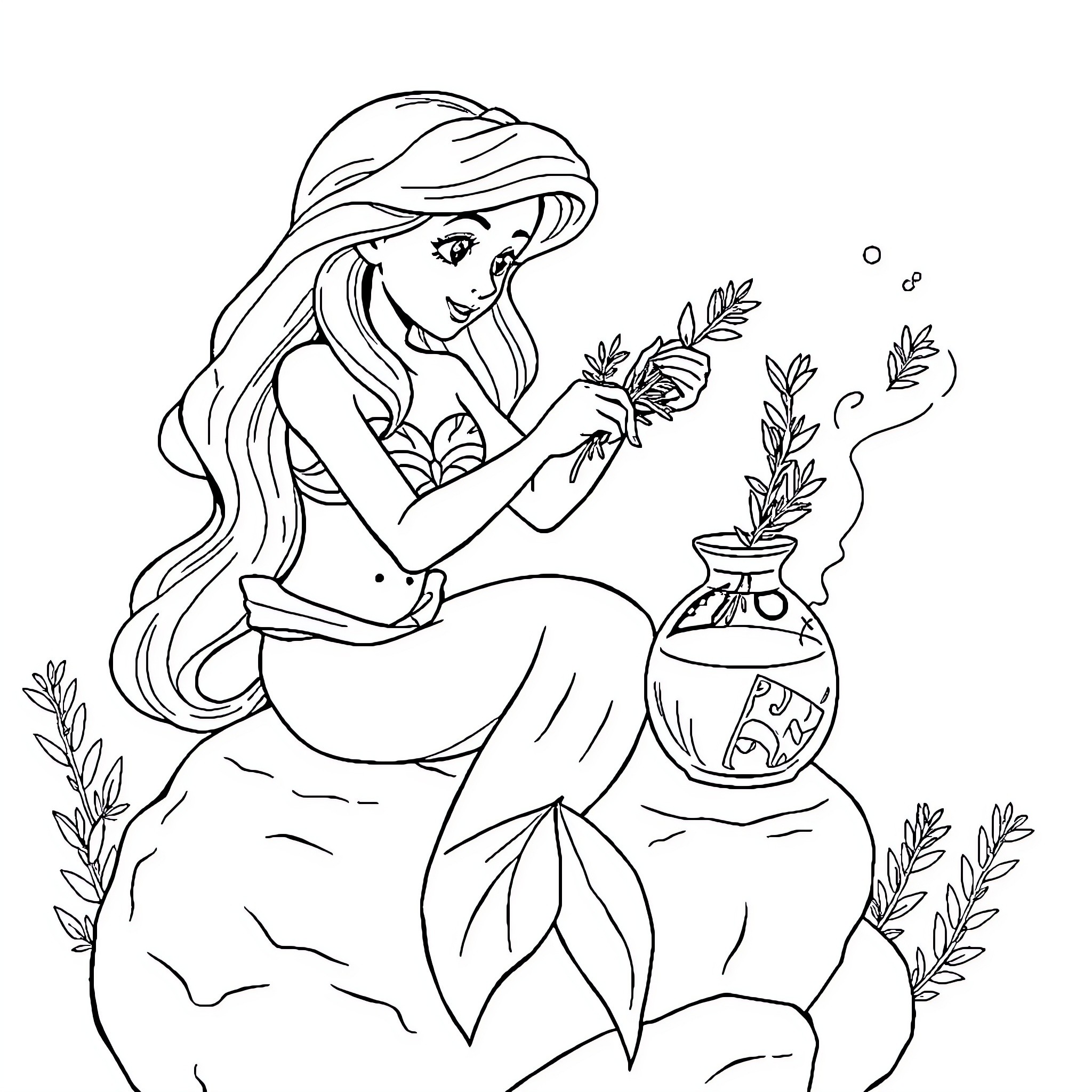 Mermaid admiring her underwater garden Coloring Page (free black-and-white line drawing printable PDF for all, from beginners to advanced learners, including children, teens, adults, and seniors)