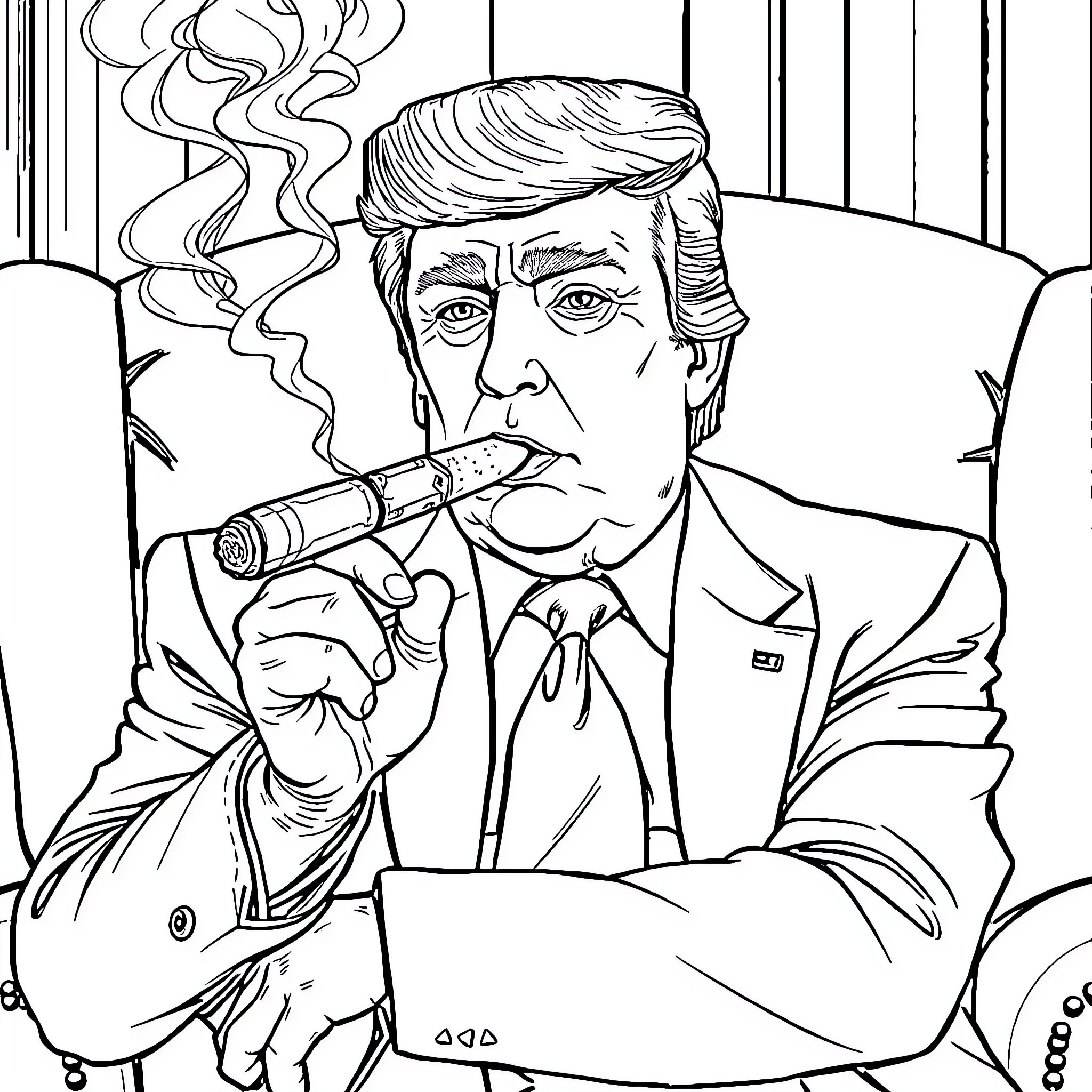 Trump smoking cigar in formal attire Coloring Page (free black-and-white line drawing printable PDF for all, from beginners to advanced learners, including children, teens, adults, and seniors)
