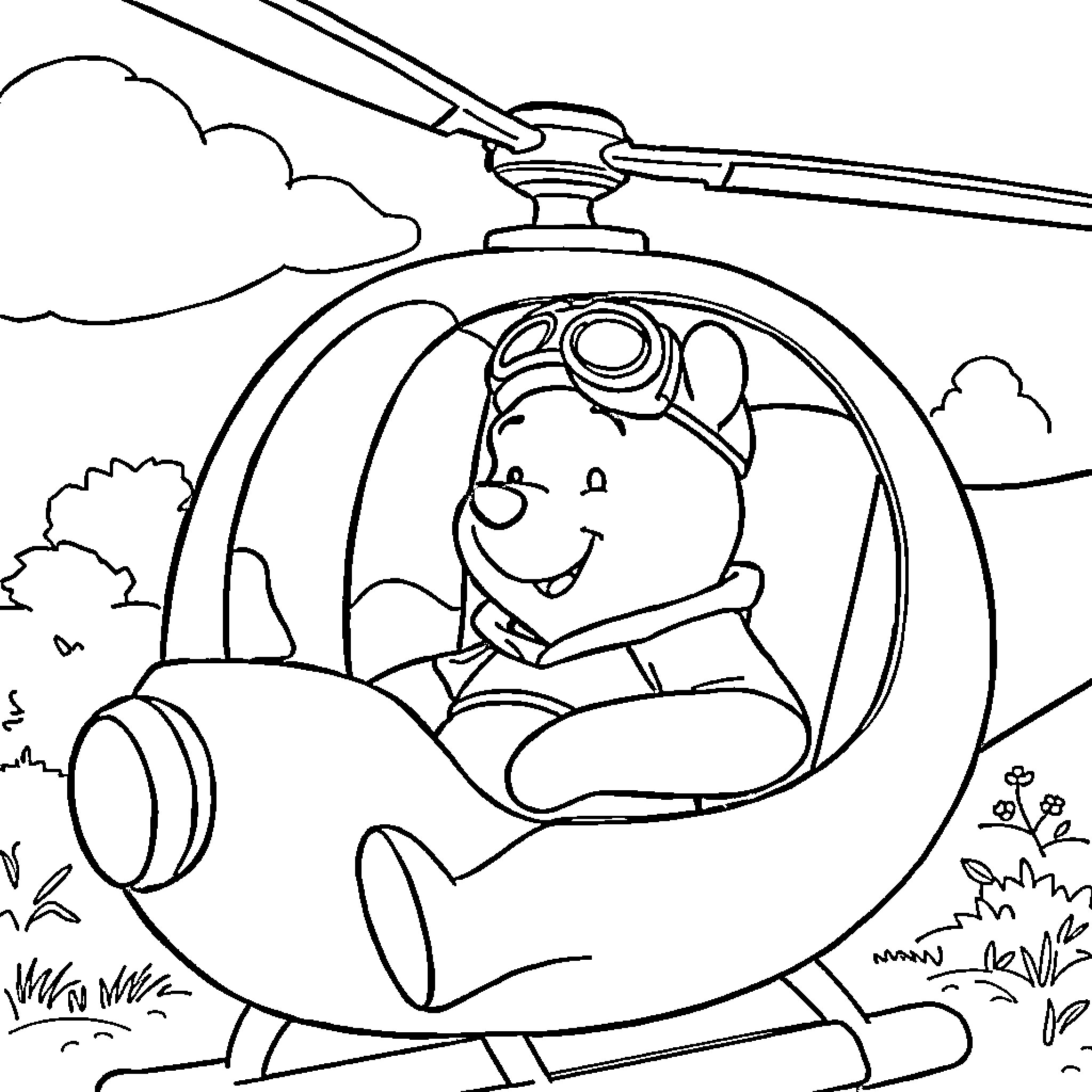 Winnie The Pooh enjoying a helicopter ride Coloring Page (free black-and-white line drawing printable PDF for all, from beginners to advanced learners, including children, teens, adults, and seniors)