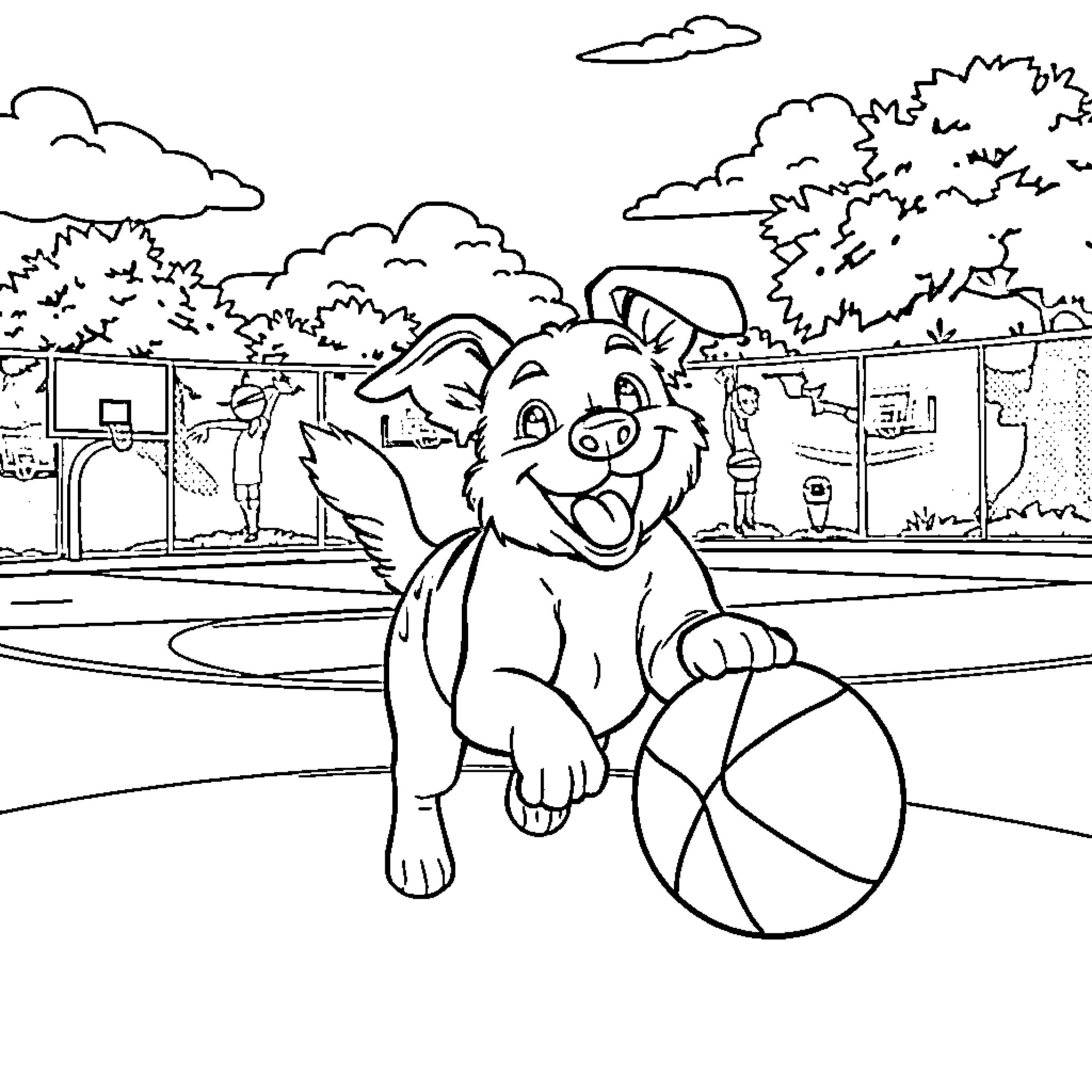 Dog enjoying a day at the park Coloring Page (free black-and-white line drawing printable PDF for all, from beginners to advanced learners, including children, teens, adults, and seniors)