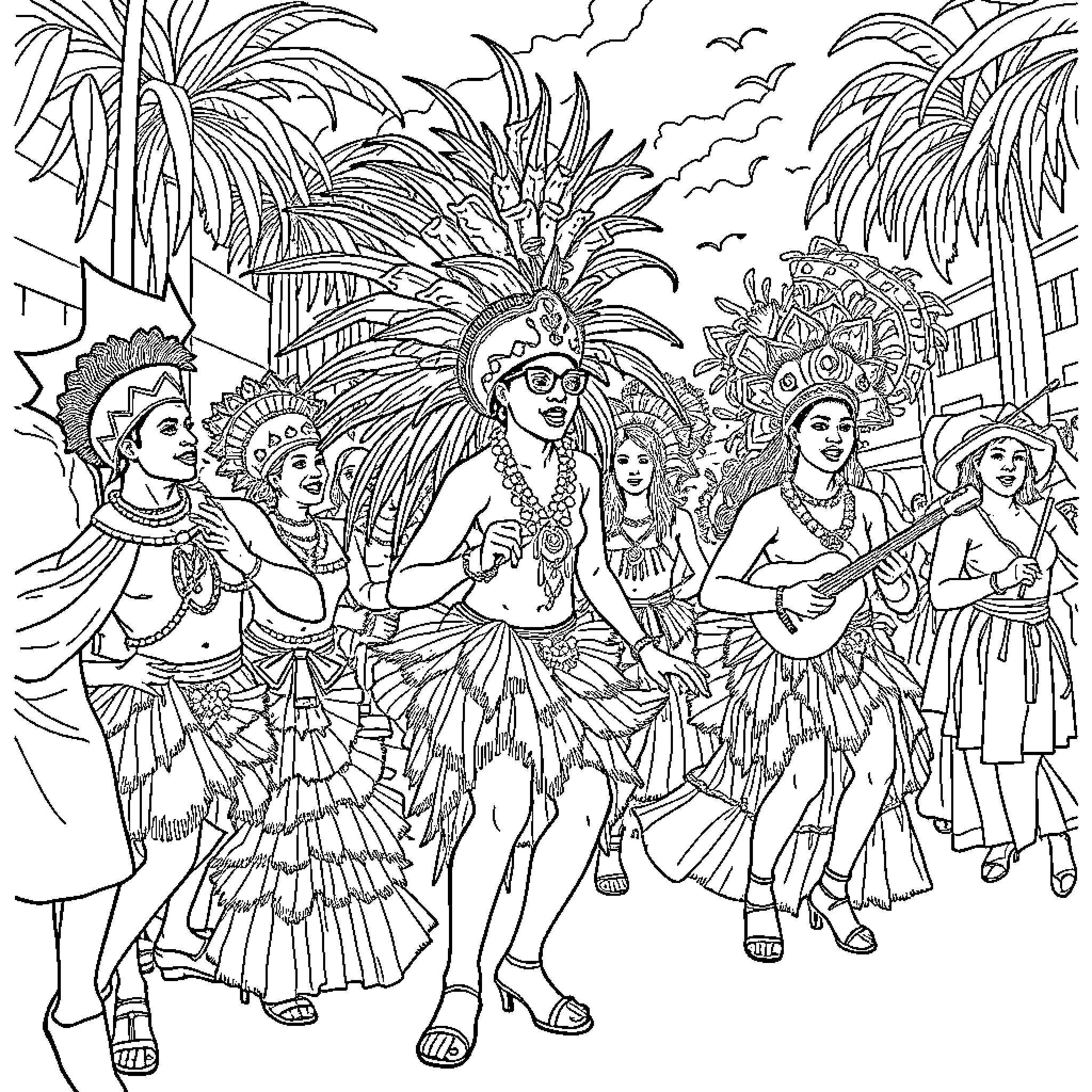 Carnival Celebration with Vibrant Costumes and Dancers Coloring Page (free black-and-white line drawing printable PDF for all, from beginners to advanced learners, including children, teens, adults, and seniors)
