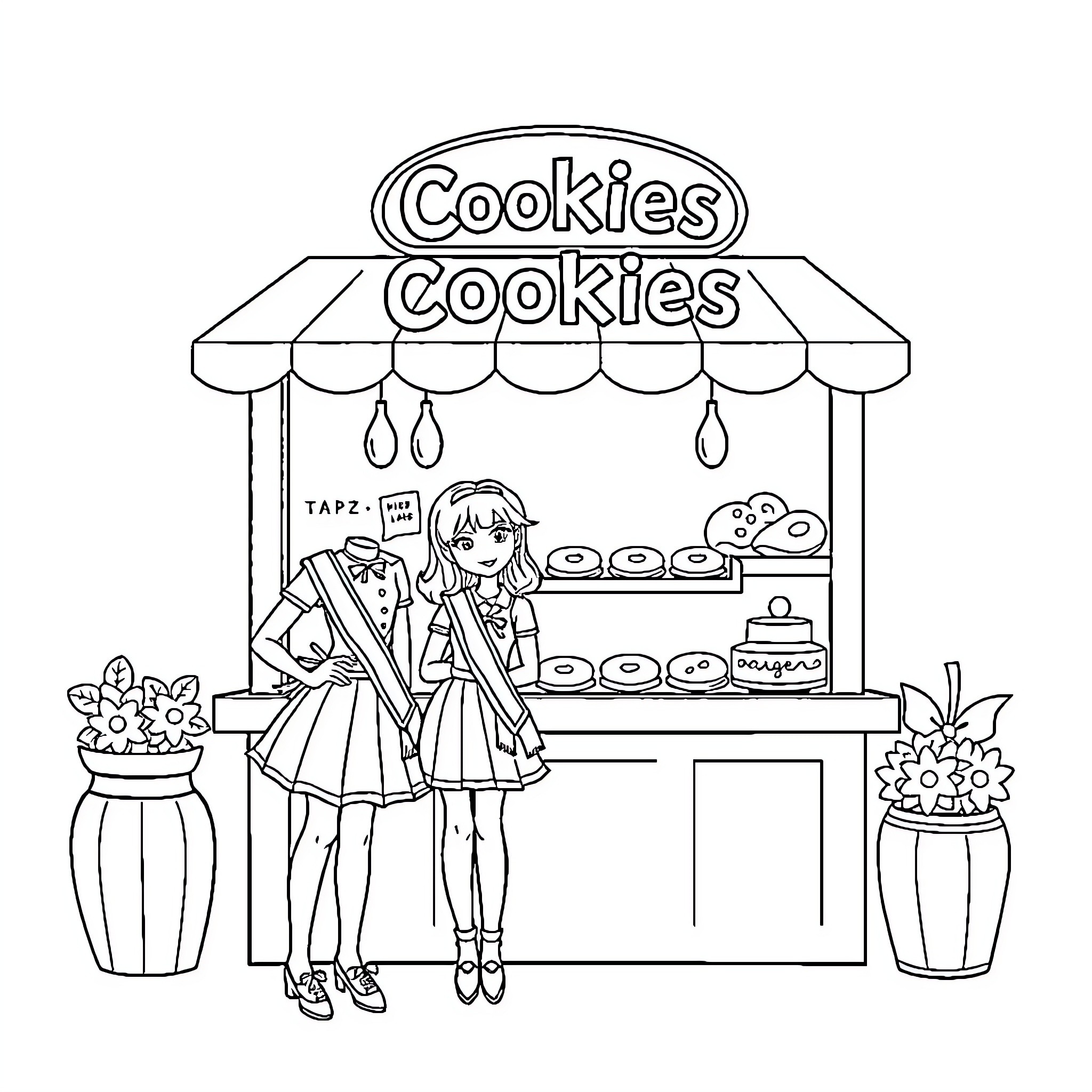 Girls selling cookies in a bakery shop Coloring Page (free black-and-white line drawing printable PDF for all, from beginners to advanced learners, including children, teens, adults, and seniors)