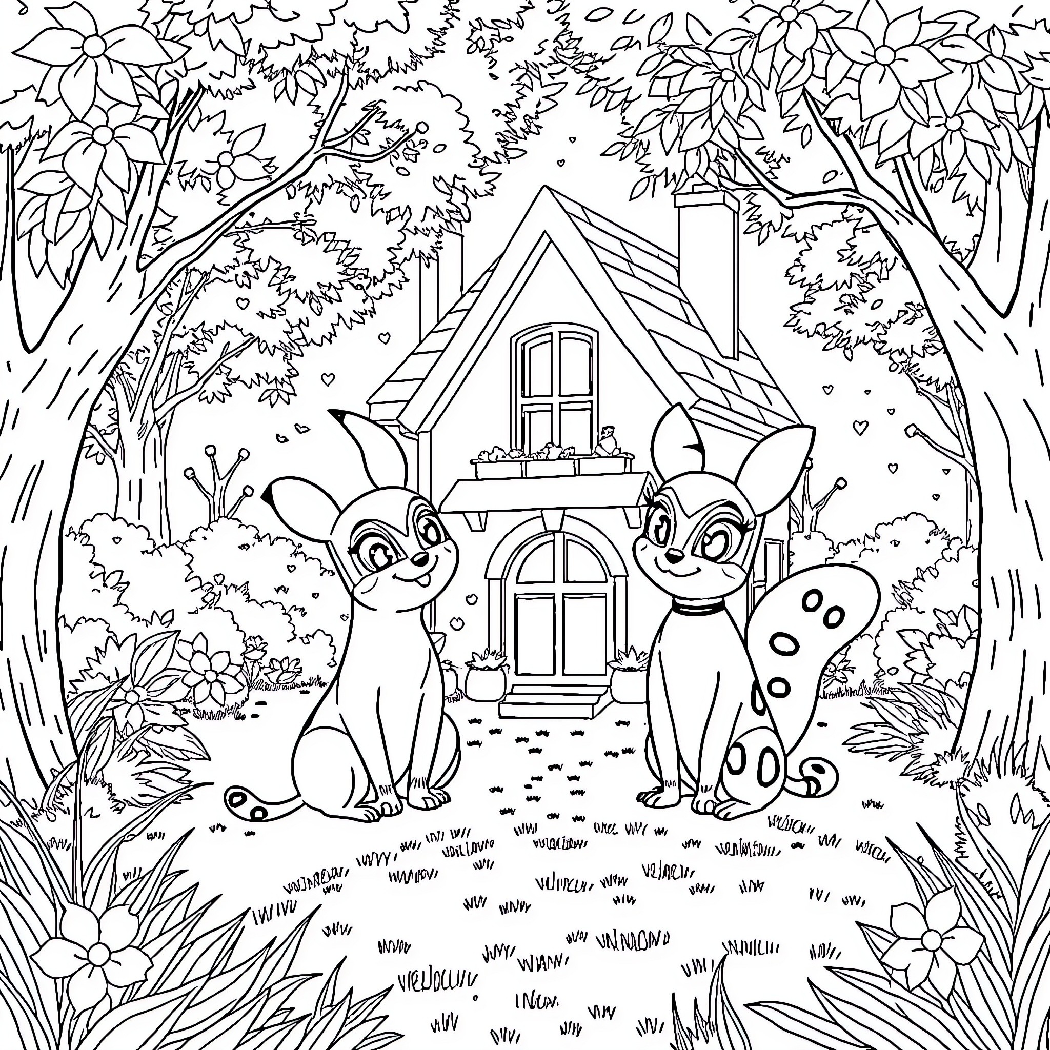 Paw Patrol Pups Explore the Enchanted Forest Coloring Page (free black-and-white line drawing printable PDF for all, from beginners to advanced learners, including children, teens, adults, and seniors)