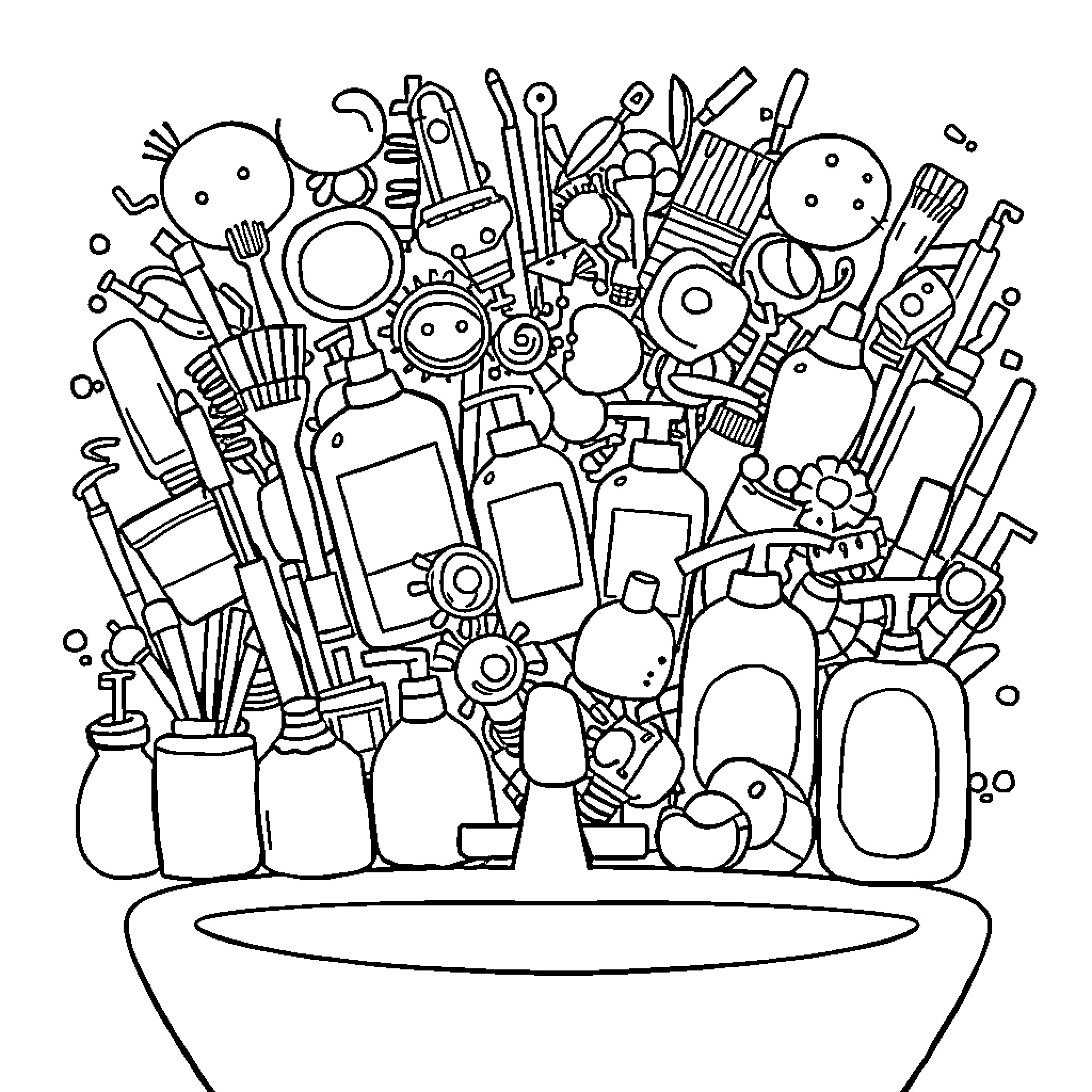 Objetti assortiti e curiosi in una grande mistura Coloring Page (free black-and-white line drawing printable PDF for all, from beginners to advanced learners, including children, teens, adults, and seniors)