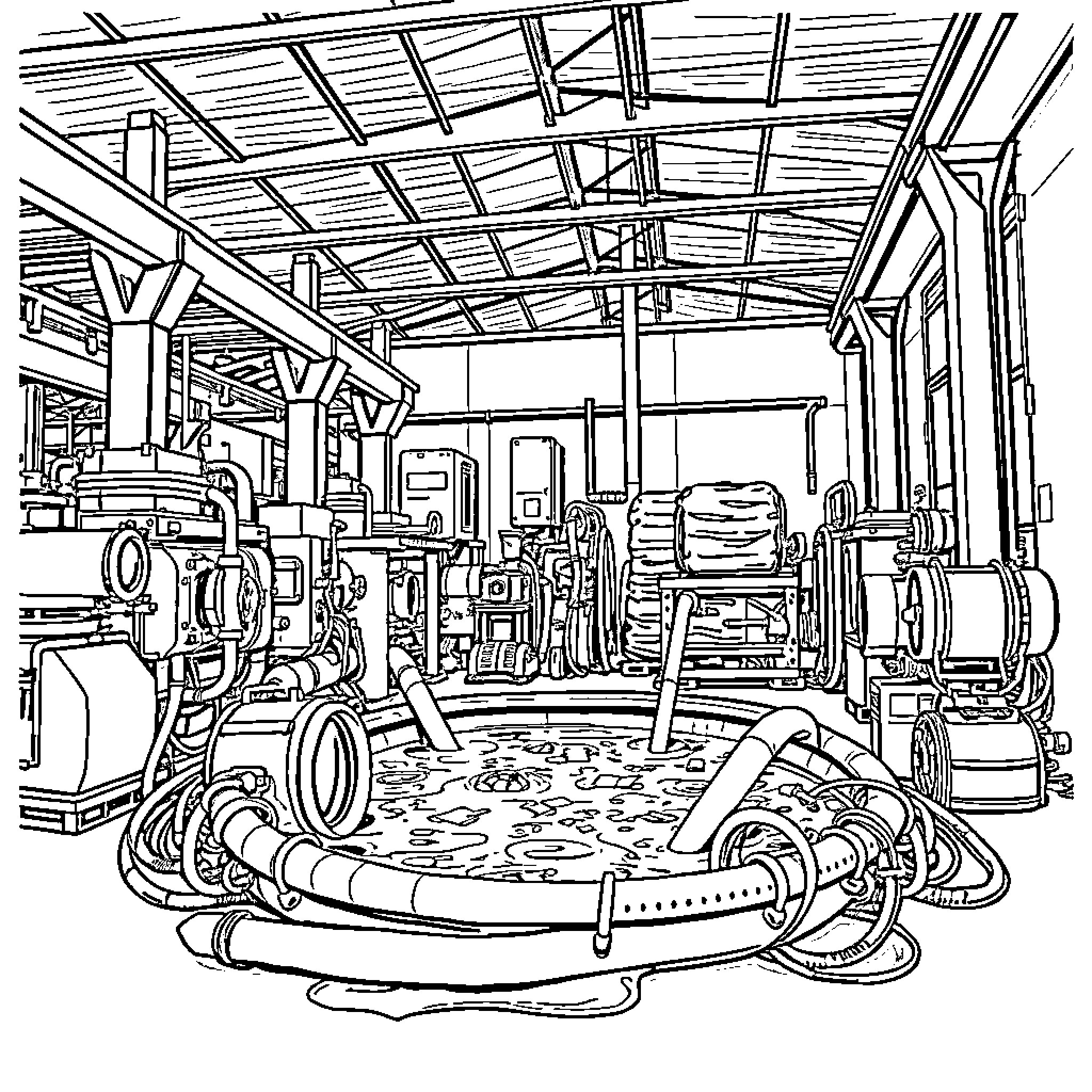 C.I.P.P Liner Machinery and Equipment in an Industrial Facility Coloring Page (free black-and-white line drawing printable PDF for all, from beginners to advanced learners, including children, teens, adults, and seniors)