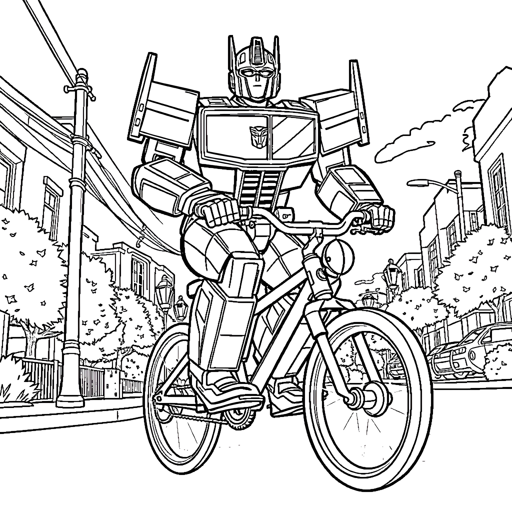 Optimus Prime rides a bicycle through the city Coloring Page (free black-and-white line drawing printable PDF for all, from beginners to advanced learners, including children, teens, adults, and seniors)