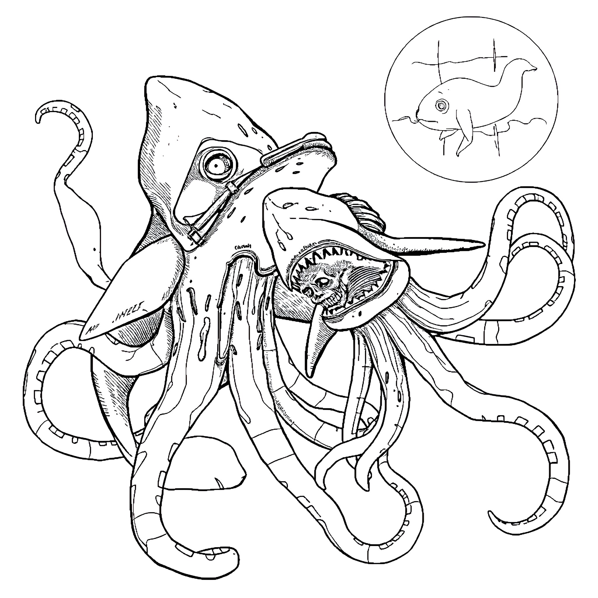 Orca-like creature exploring the depths Coloring Page (free black-and-white line drawing printable PDF for all, from beginners to advanced learners, including children, teens, adults, and seniors)