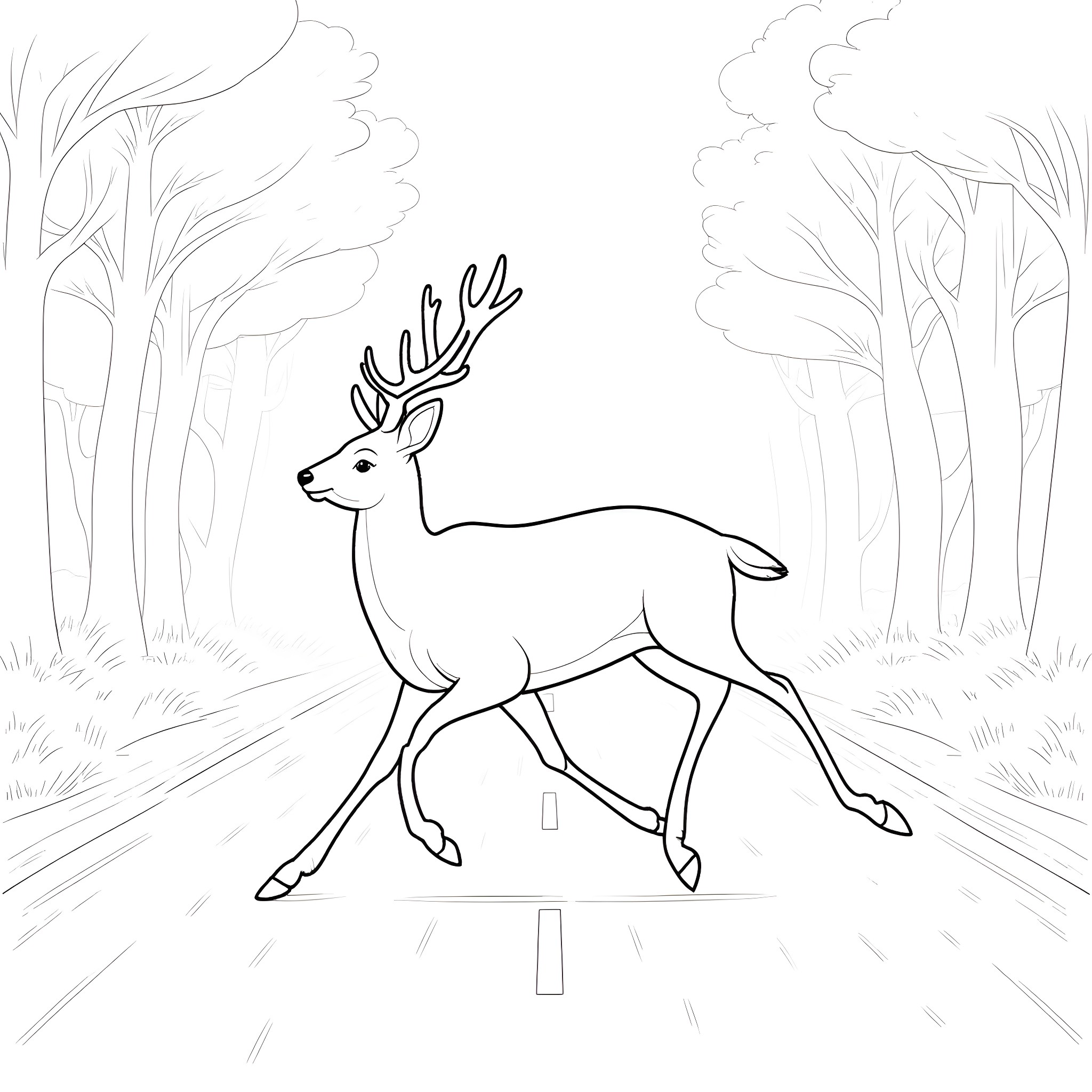 Deer walking in the forest Coloring Page (free black-and-white line drawing printable PDF for all, from beginners to advanced learners, including children, teens, adults, and seniors)